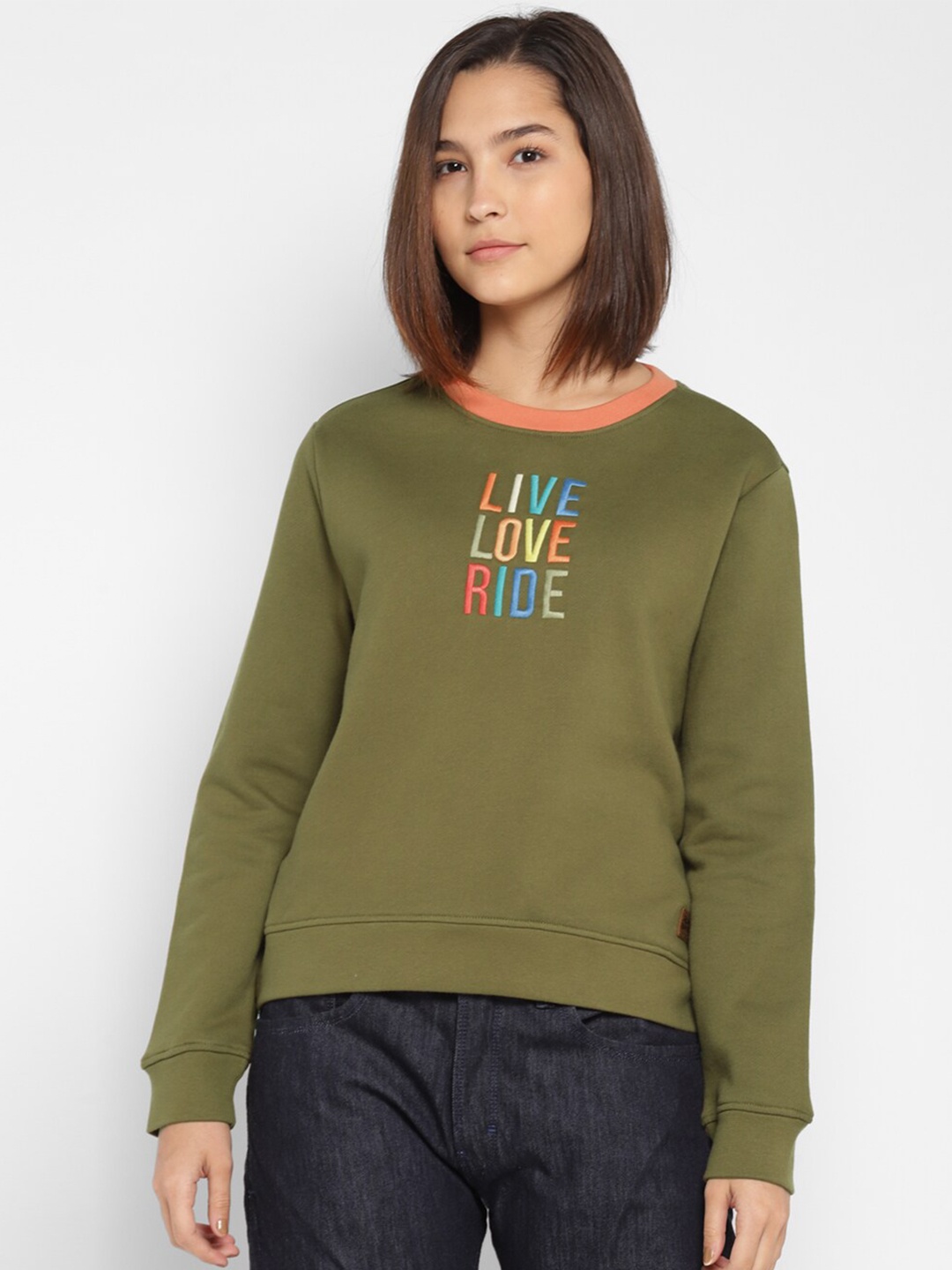 

Royal Enfield Women Olive Green Typography Embroidered Cotton Sweatshirt