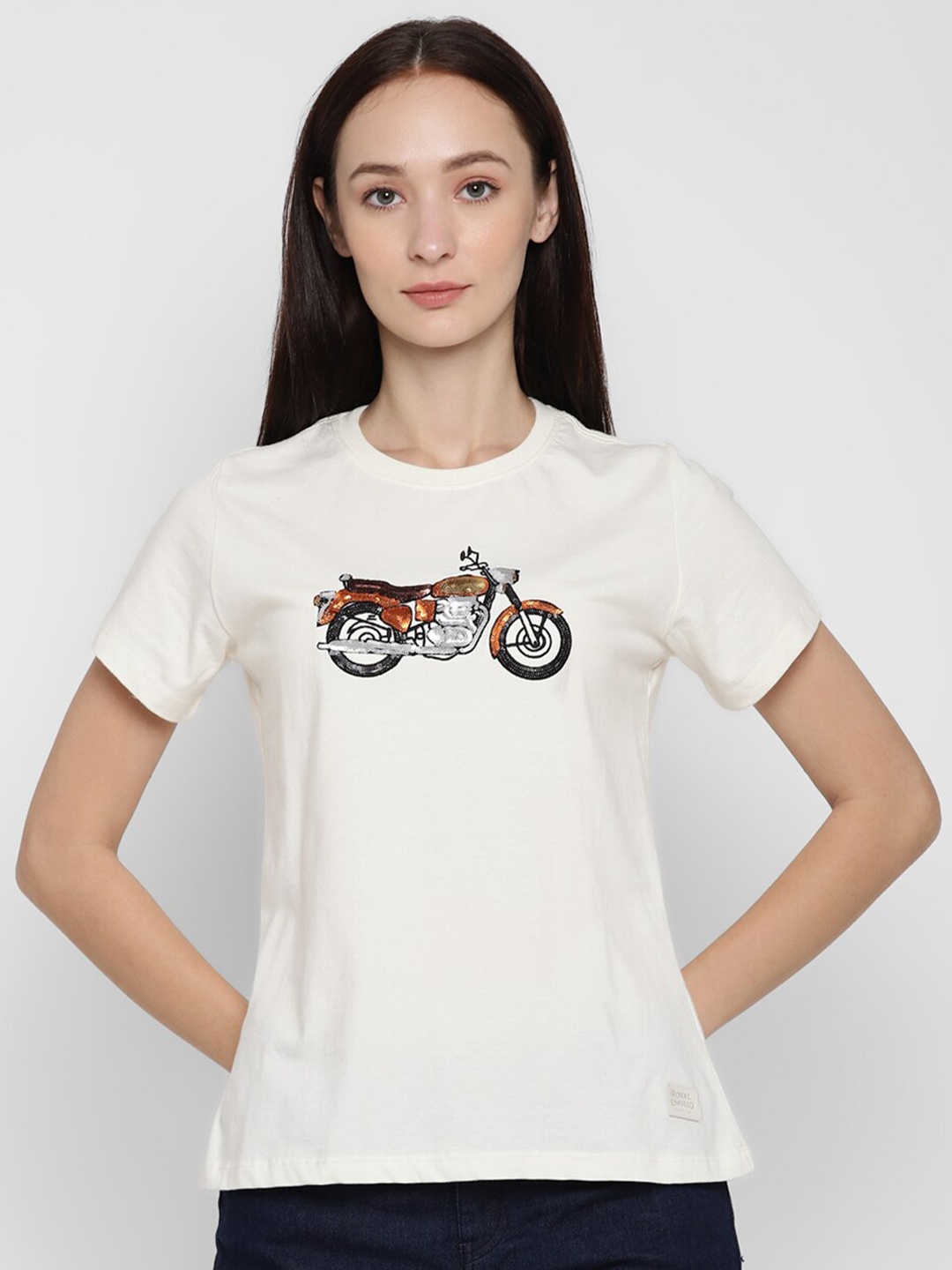 

Royal Enfield Women White Printed Applique T-shirt