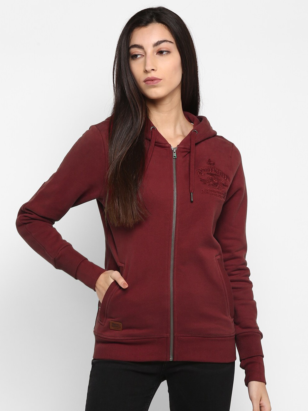 

Royal Enfield Women Burgundy Embroidered Hooded Sweatshirt