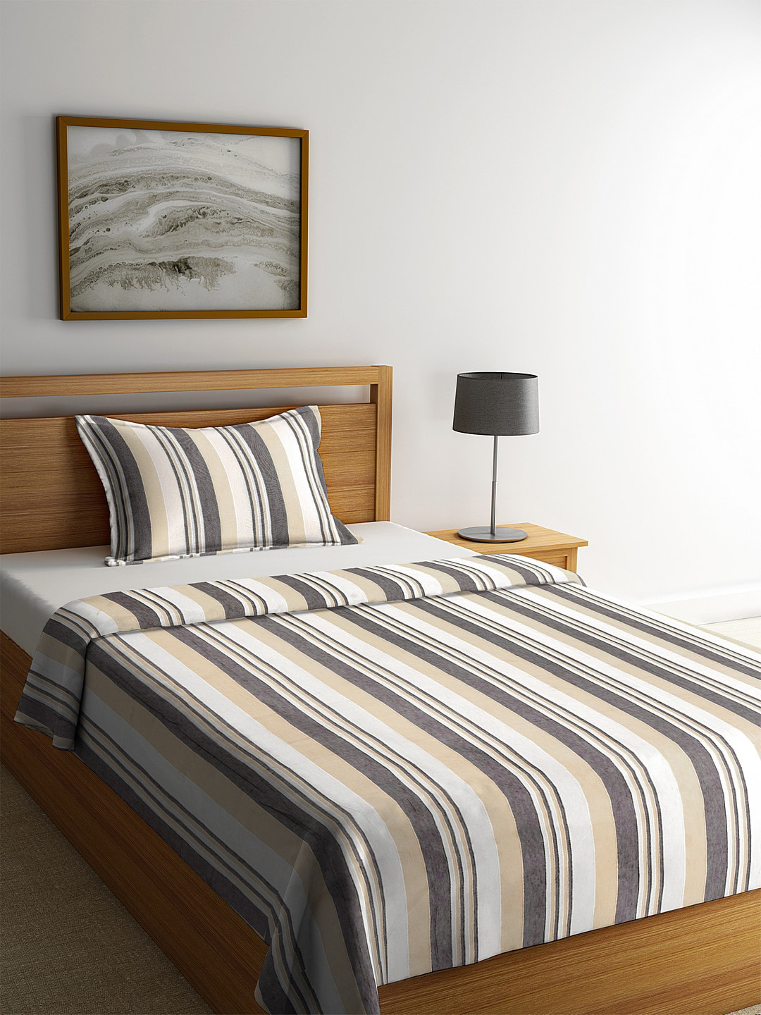 

KLOTTHE White & Beige Woven Design Cotton Single Bedcover With Pillow Cover