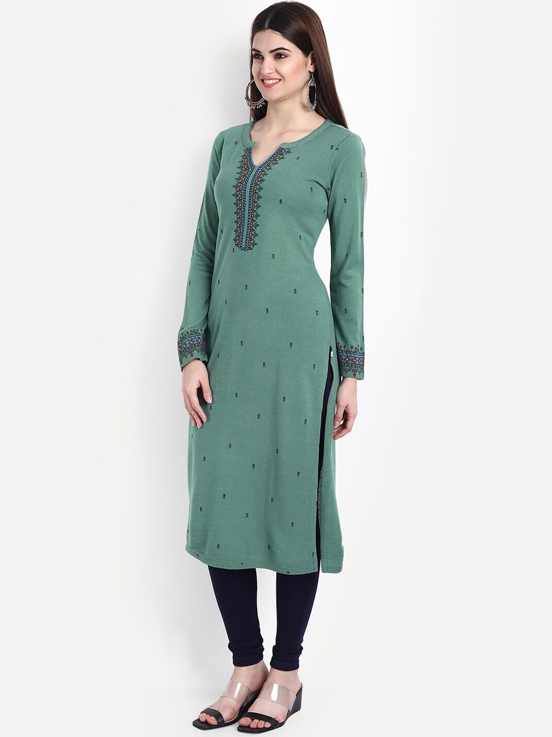 

SUTI Women Sea Green Printed Wool Straight Kurta