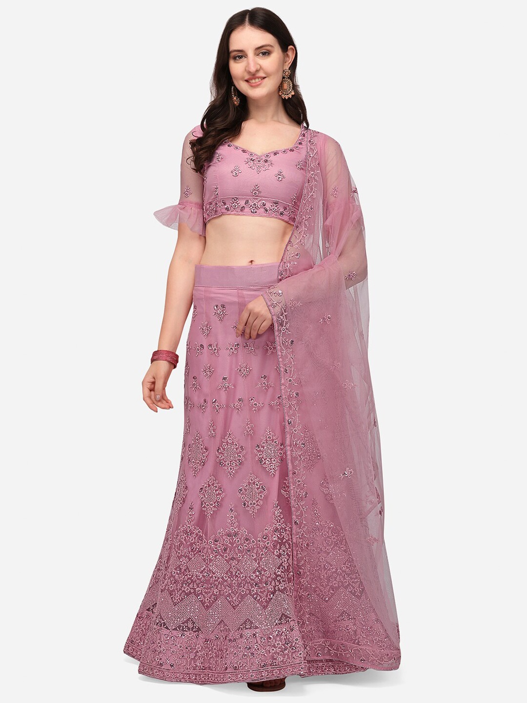 

RAJGRANTH Pink Embroidered Semi-Stitched Lehenga & Unstitched Blouse With Dupatta