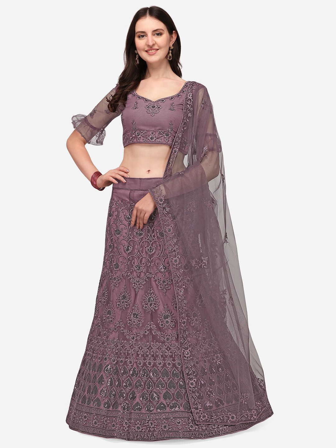 

RAJGRANTH Purple Embroidered Semi-Stitched Lehenga & Unstitched Blouse With Dupatta