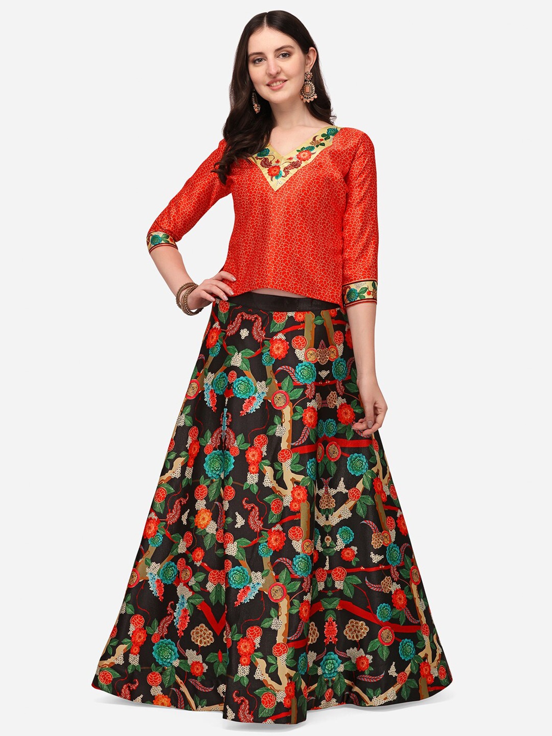 

RAJGRANTH Black & Orange Printed Semi-Stitched Lehenga & Unstitched