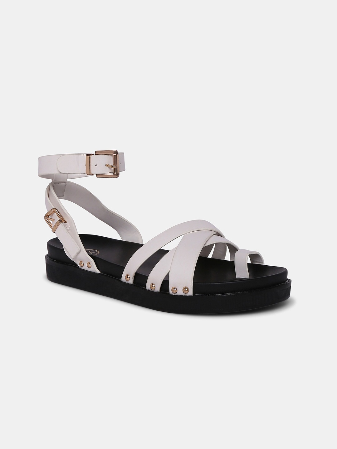 

20Dresses Women White Open Toe Flats with Buckles