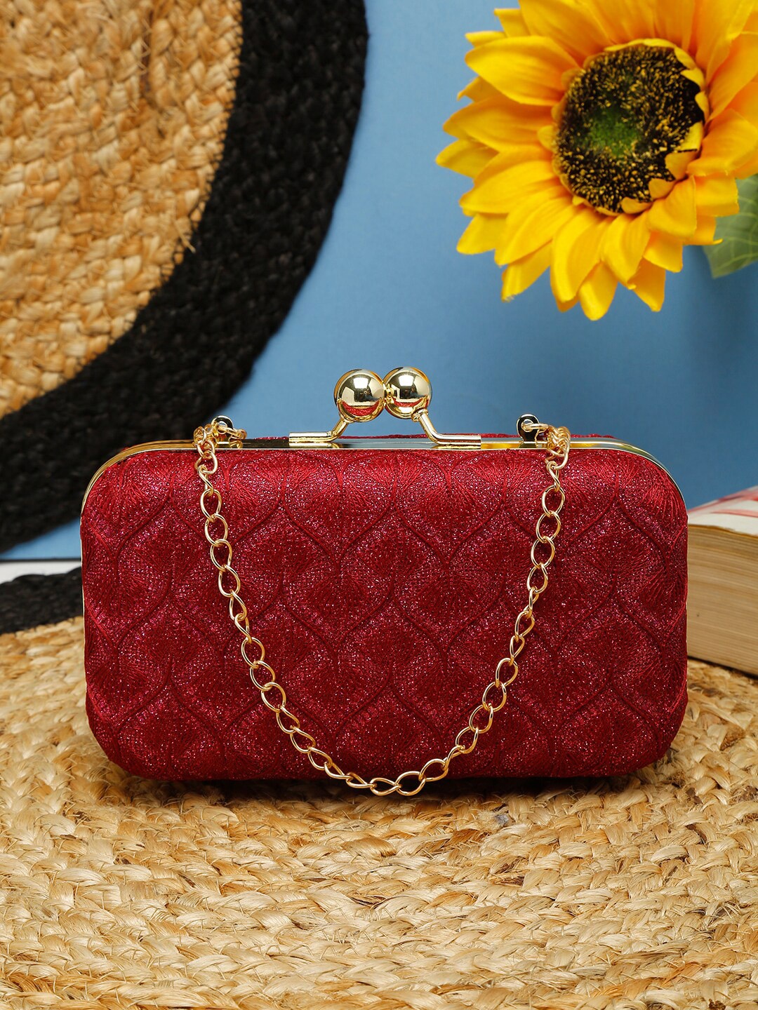 

FARGO Red & Gold-Toned Checked Purse Clutch