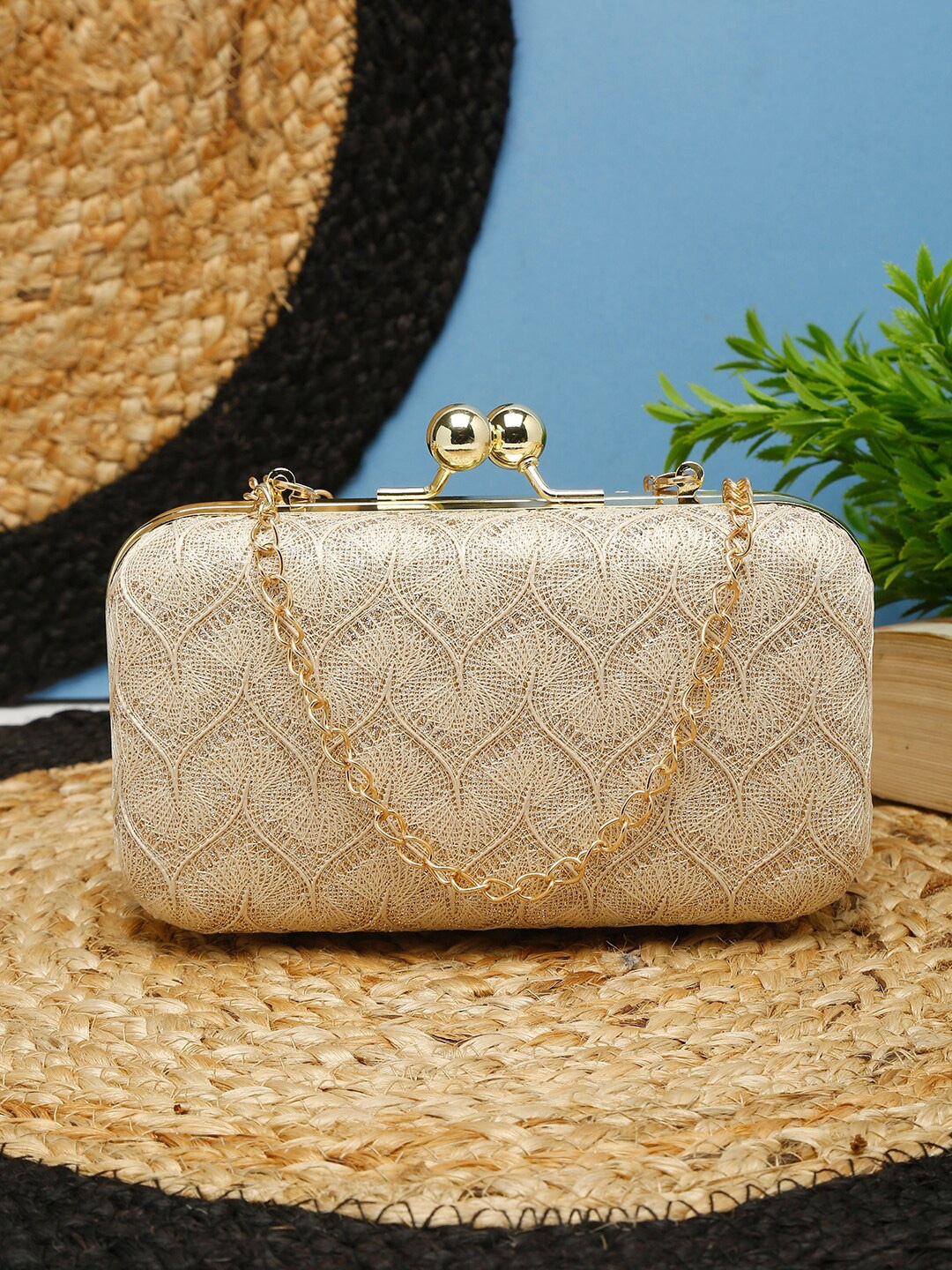 

FARGO Beige & Gold-Toned Textured Purse Clutch