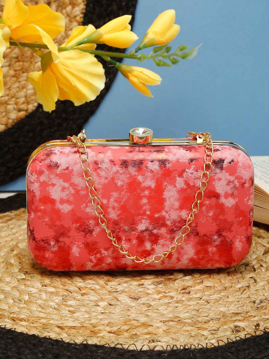 

FARGO Red & Gold-Toned Printed Purse Clutch