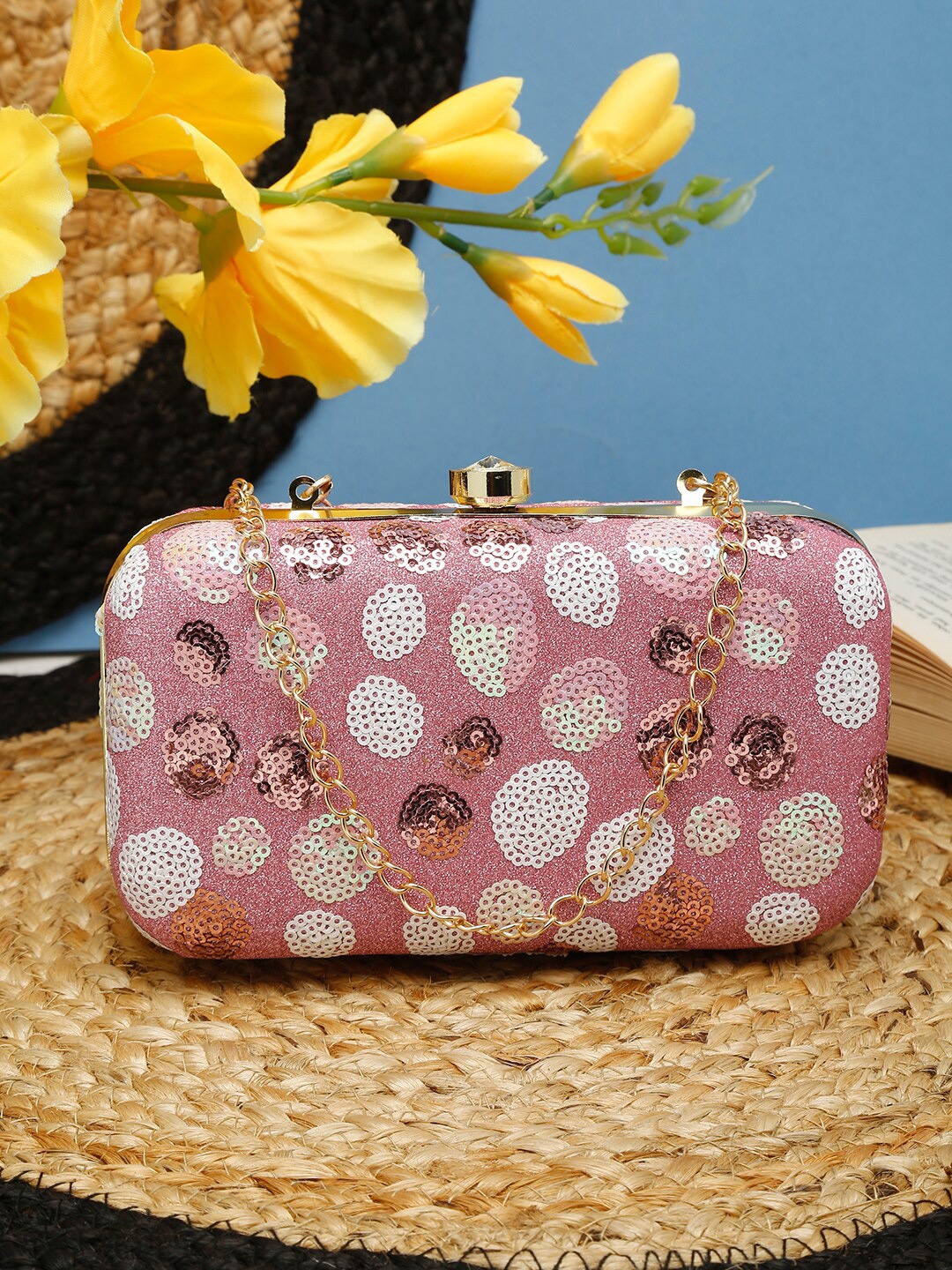 

FARGO Women Pink & Silver-Toned Embellished Box Clutch