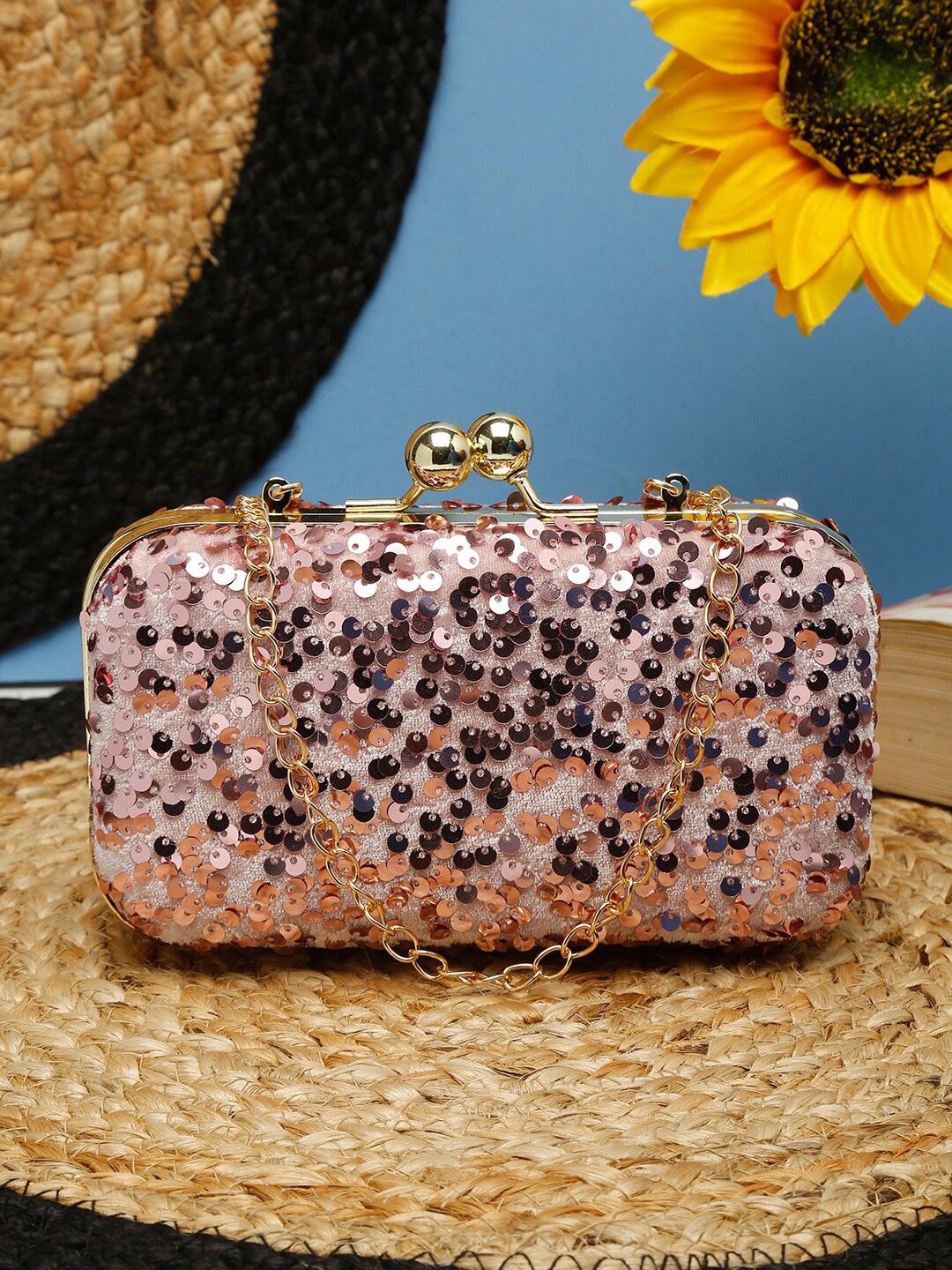 

FARGO Pink & Gold-Toned Embellished Purse Clutch