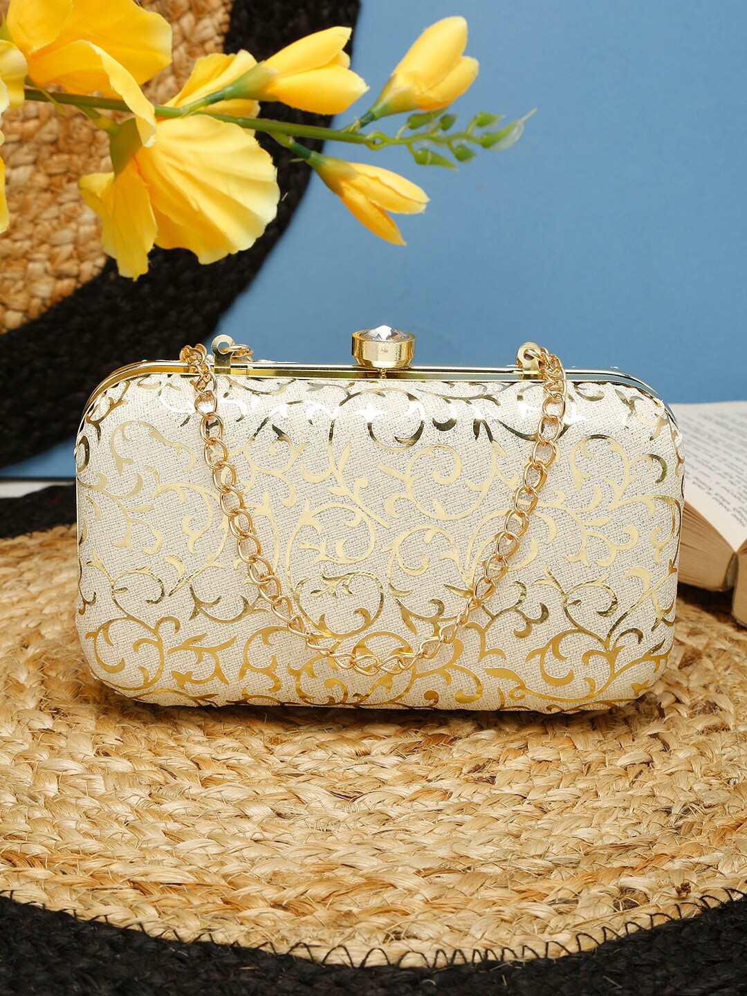 

FARGO Cream-Coloured & Gold-Toned Embellished Purse Clutch