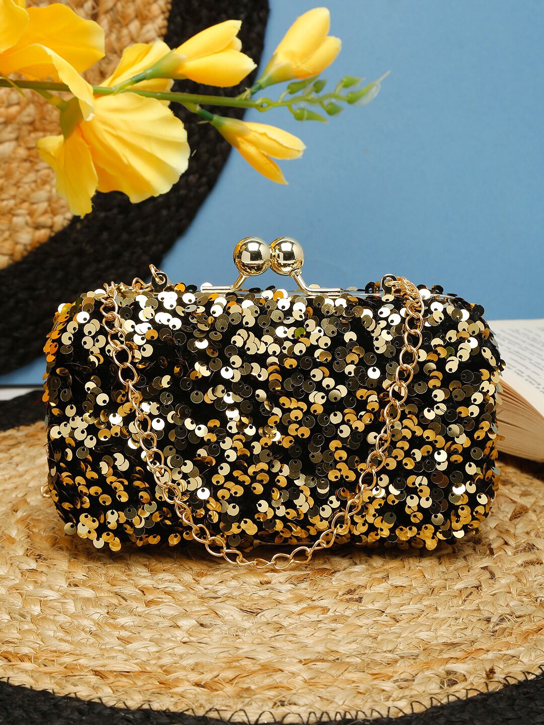 

FARGO Black & Gold-Toned Embellished Purse Clutch