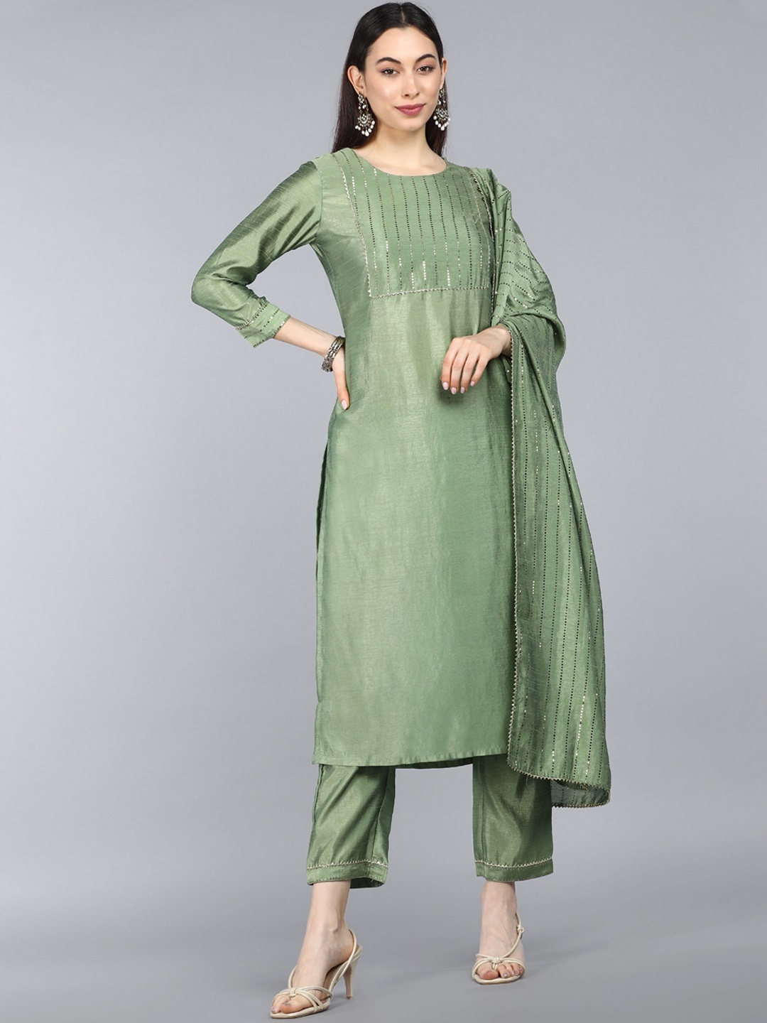 

AHIKA Women Green Embellished Kurta with Trousers & Dupatta