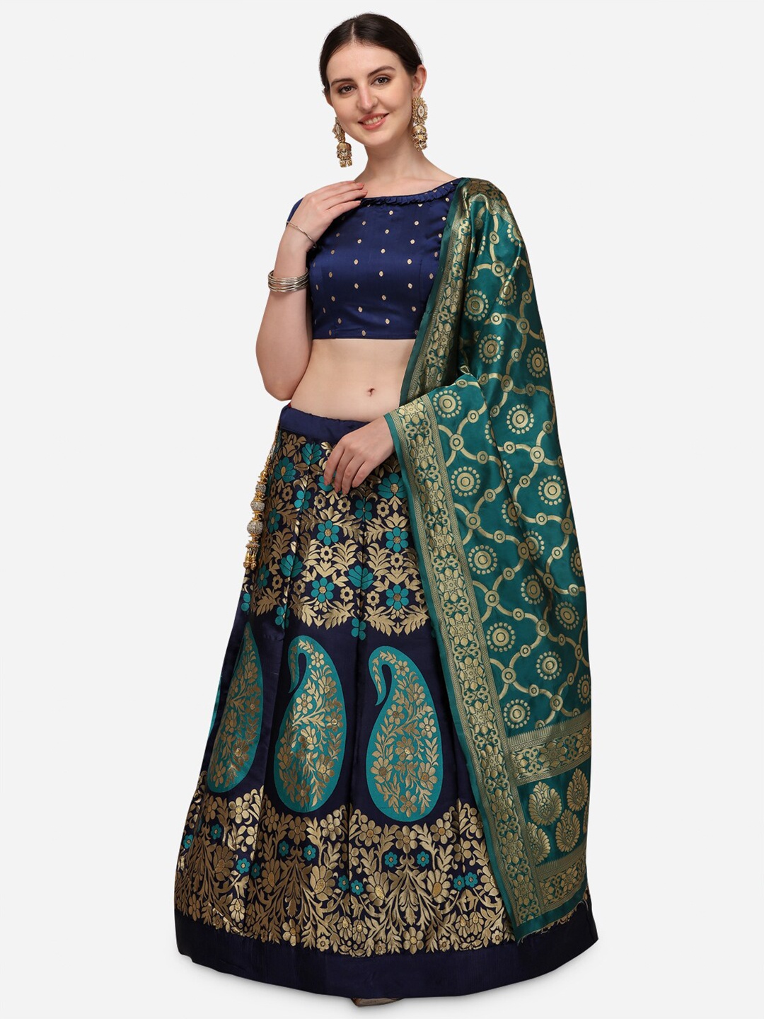 

Mameraa Women Turquoise Blue Semi-Stitched Lehenga & Unstitched Blouse With Dupatta