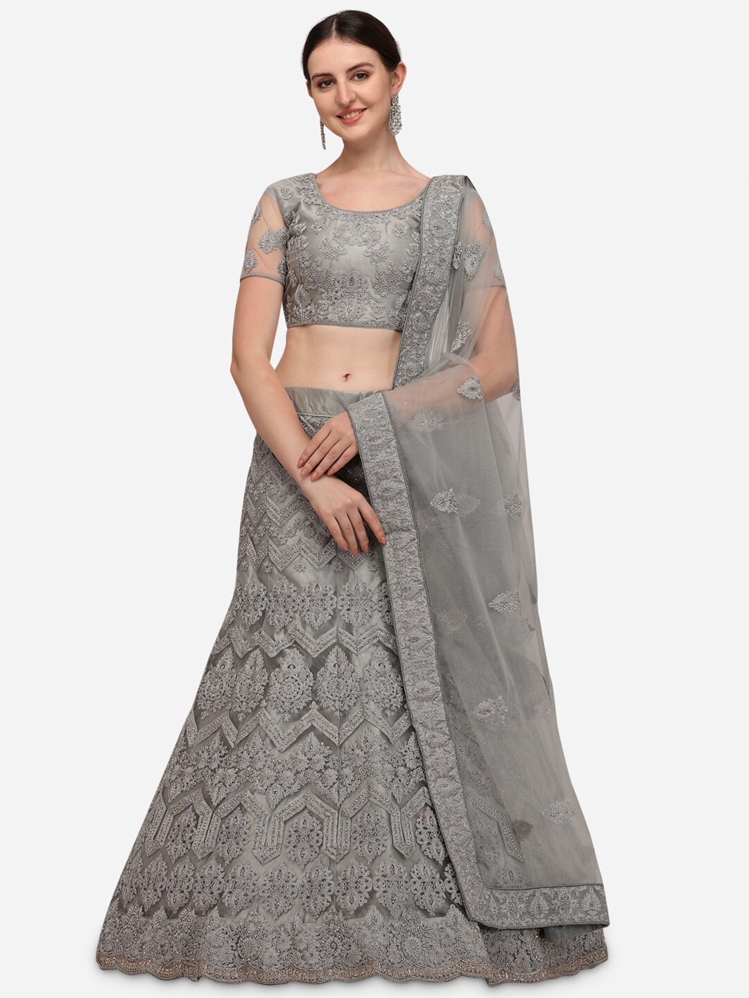 

Mameraa Grey Embroidered Beads and Stones Semi-Stitched Lehenga & Unstitched Blouse With Dupatta