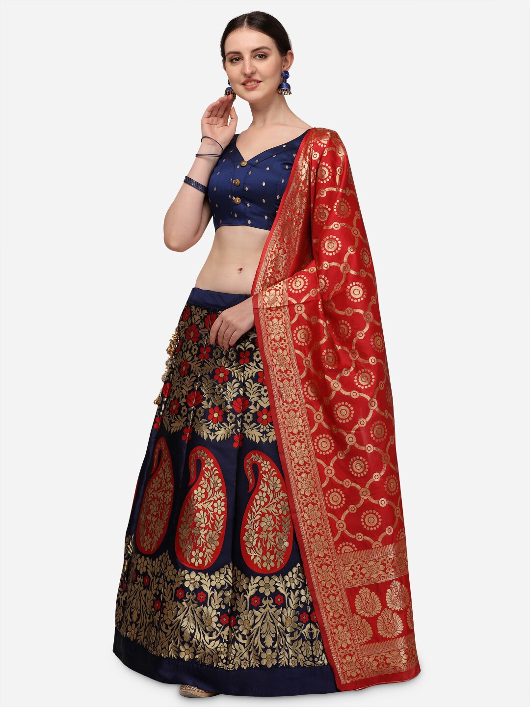 

Mameraa Navy Blue & Red Semi-Stitched Lehenga & Unstitched Blouse With Dupatta