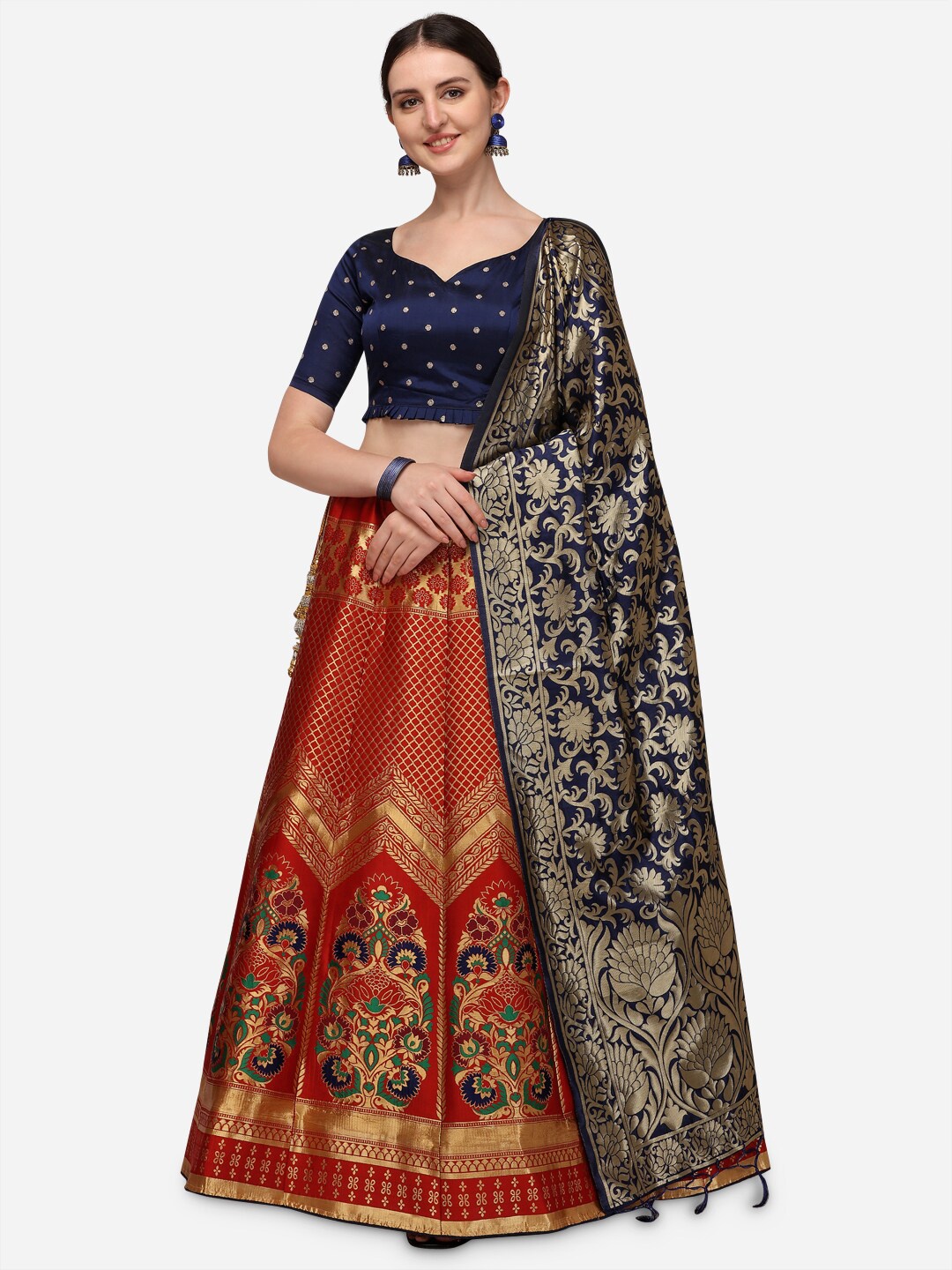 

Mameraa Women Red Semi-Stitched Lehenga & Unstitched Blouse With Dupatta