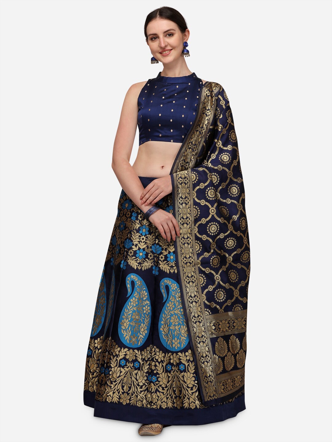 

Mameraa Blue & Gold-Toned Semi-Stitched Lehenga & Unstitched Blouse With Dupatta