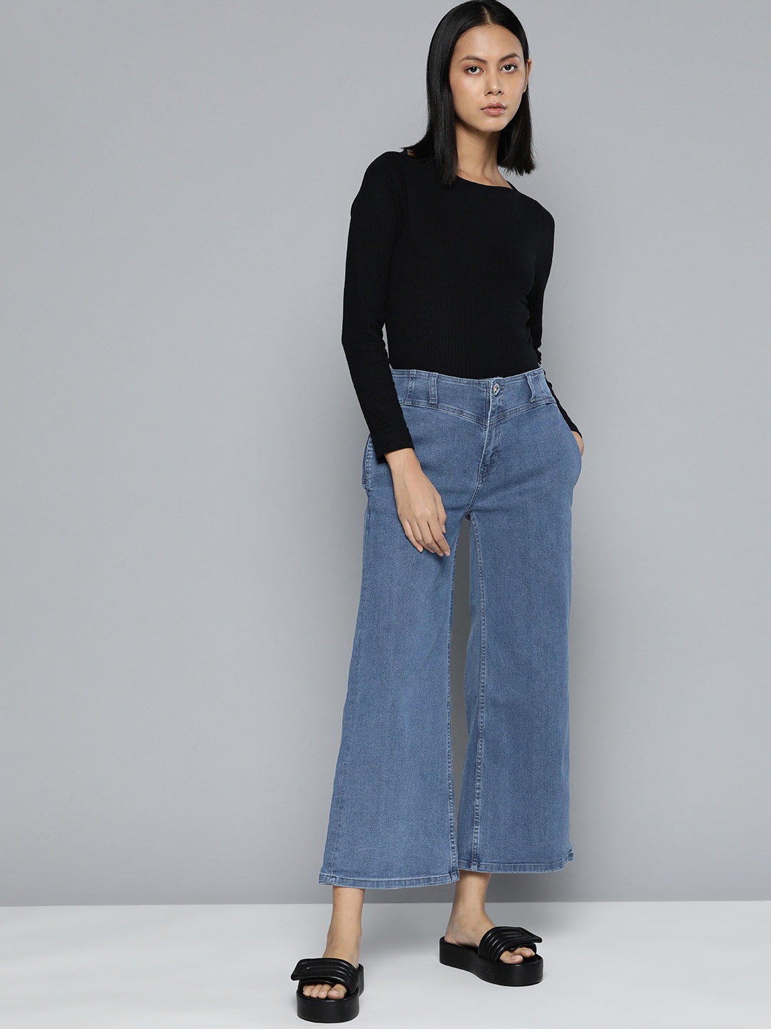 

ether Women Blue Wide Leg Stretchable Jeans