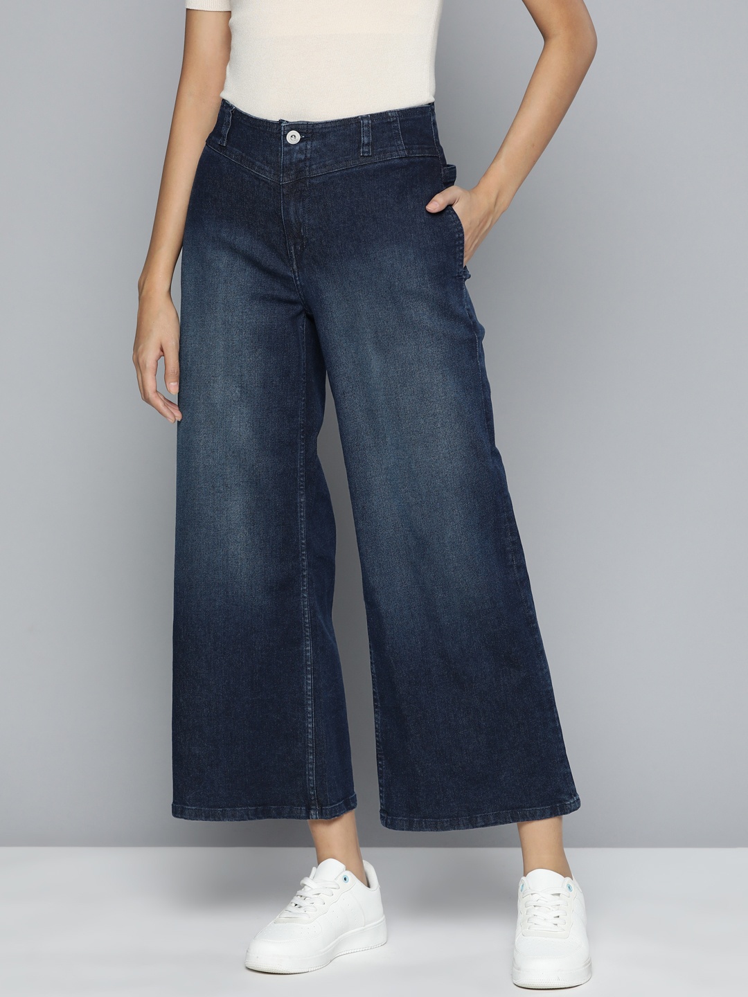 

ether Women Navy Blue Wide Leg Light Fade Stretchable Jeans