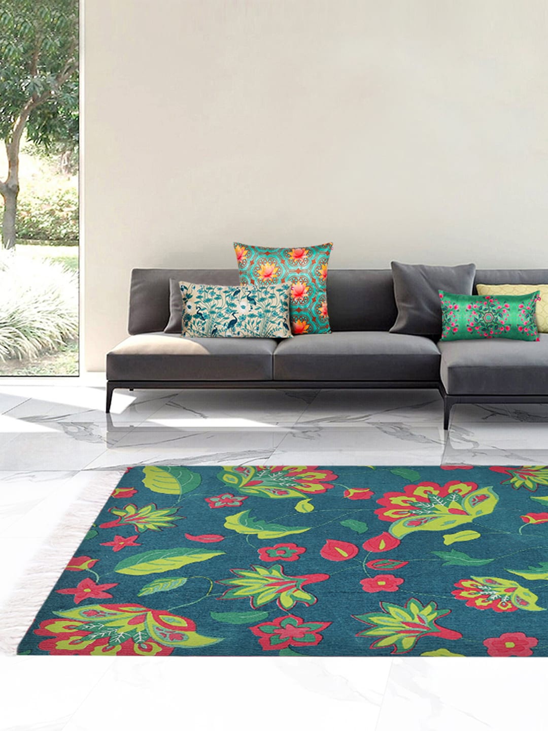 

India Circus by Krsnaa Mehta Teal Green Printed Cyanic Pop Burst Rug