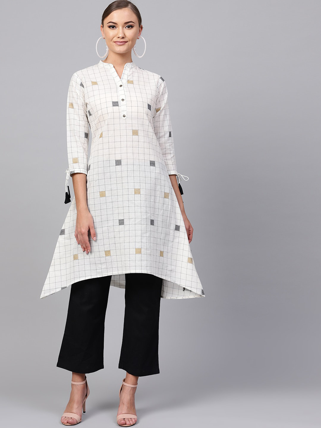 

Indo Era Women Cream-Coloured Checked Gotta Patti Kurta