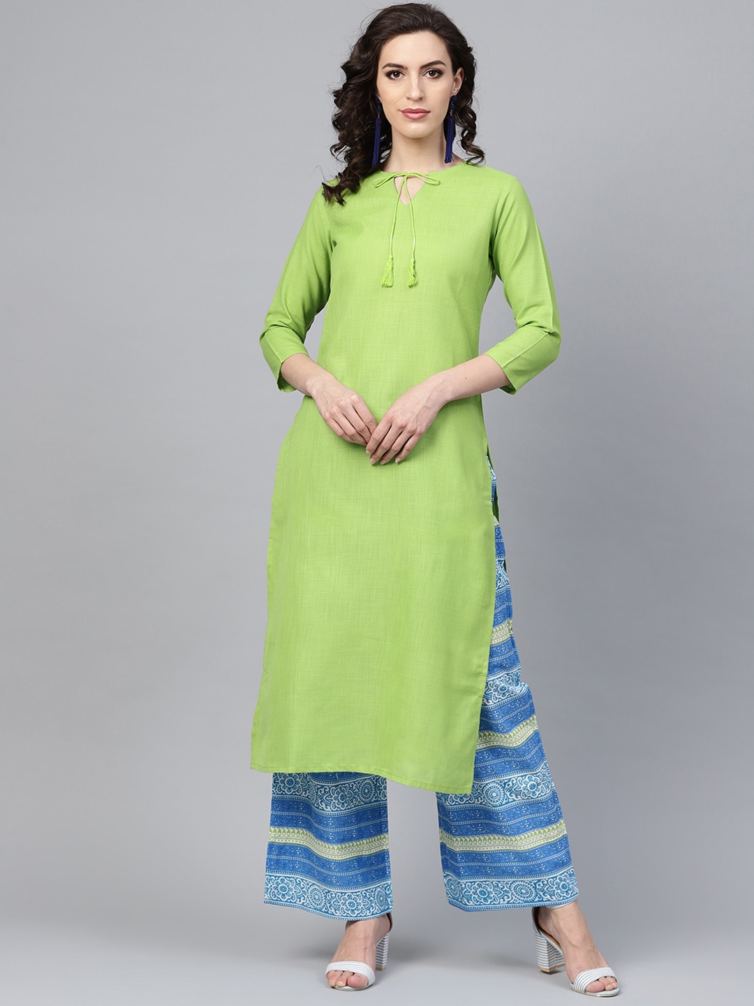 

Indo Era Women Green Solid Keyhole Neck Kurta