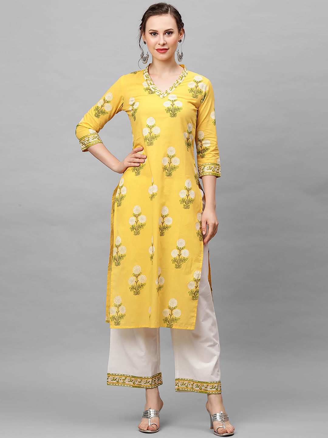 

Indo Era Women Yellow Floral Printed Kurta with Trousers