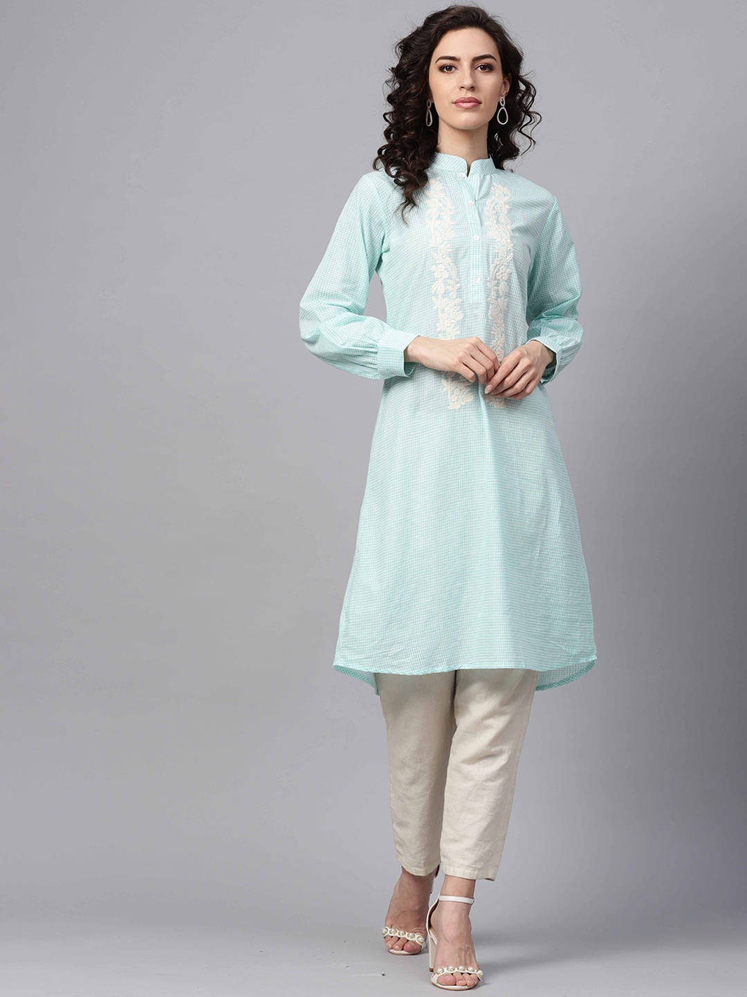 

Indo Era Women Sea Green Yoke Design Embroidered Checked Kurta