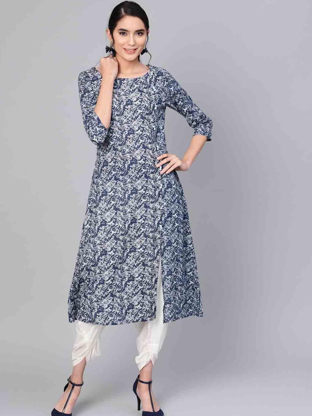 

Indo Era Women Blue Paisley Yoke Design Abstract Printed A-Line Kurta