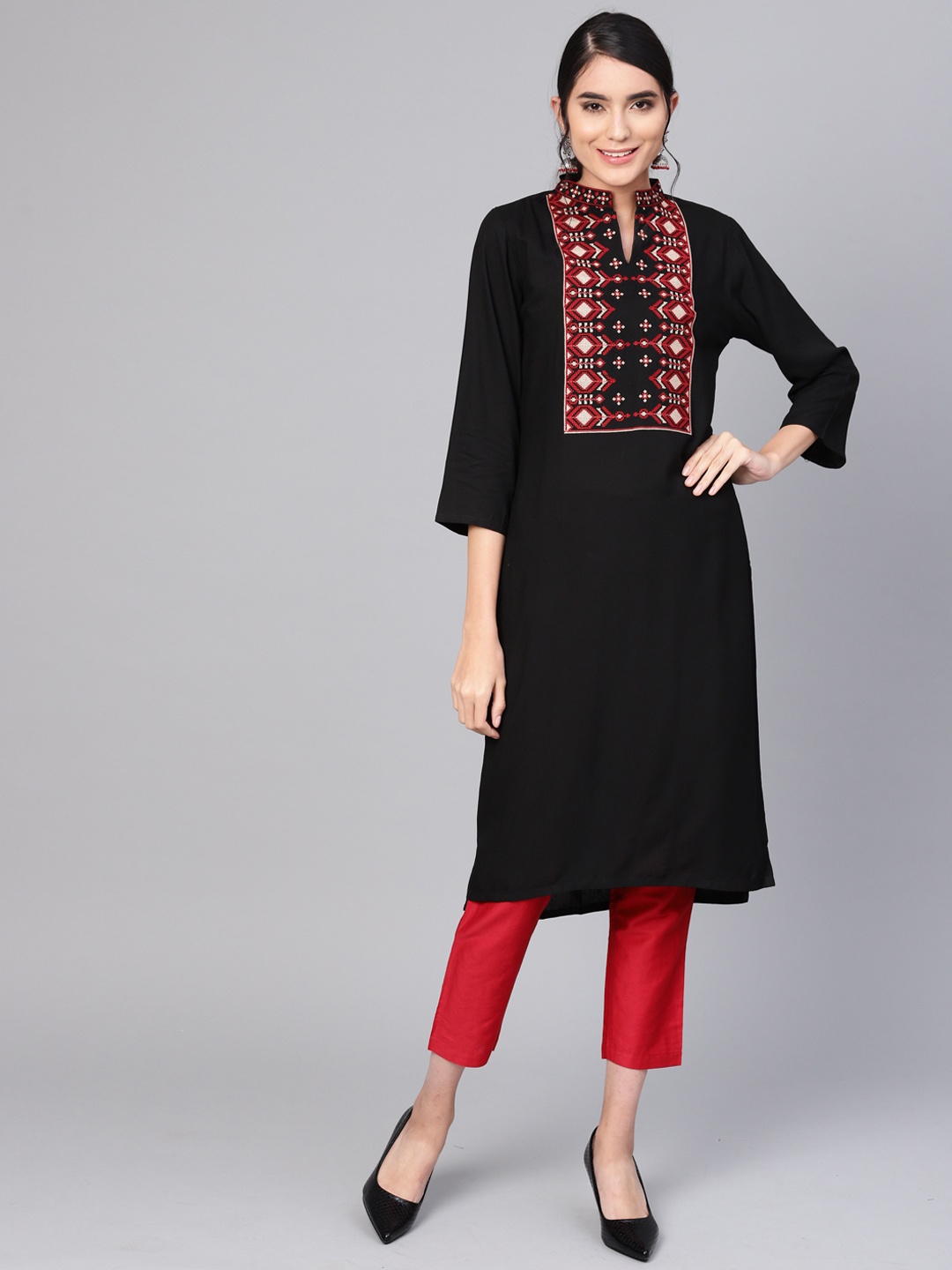 

Indo Era Women Black Ethnic Motifs Yoke Design Kurta