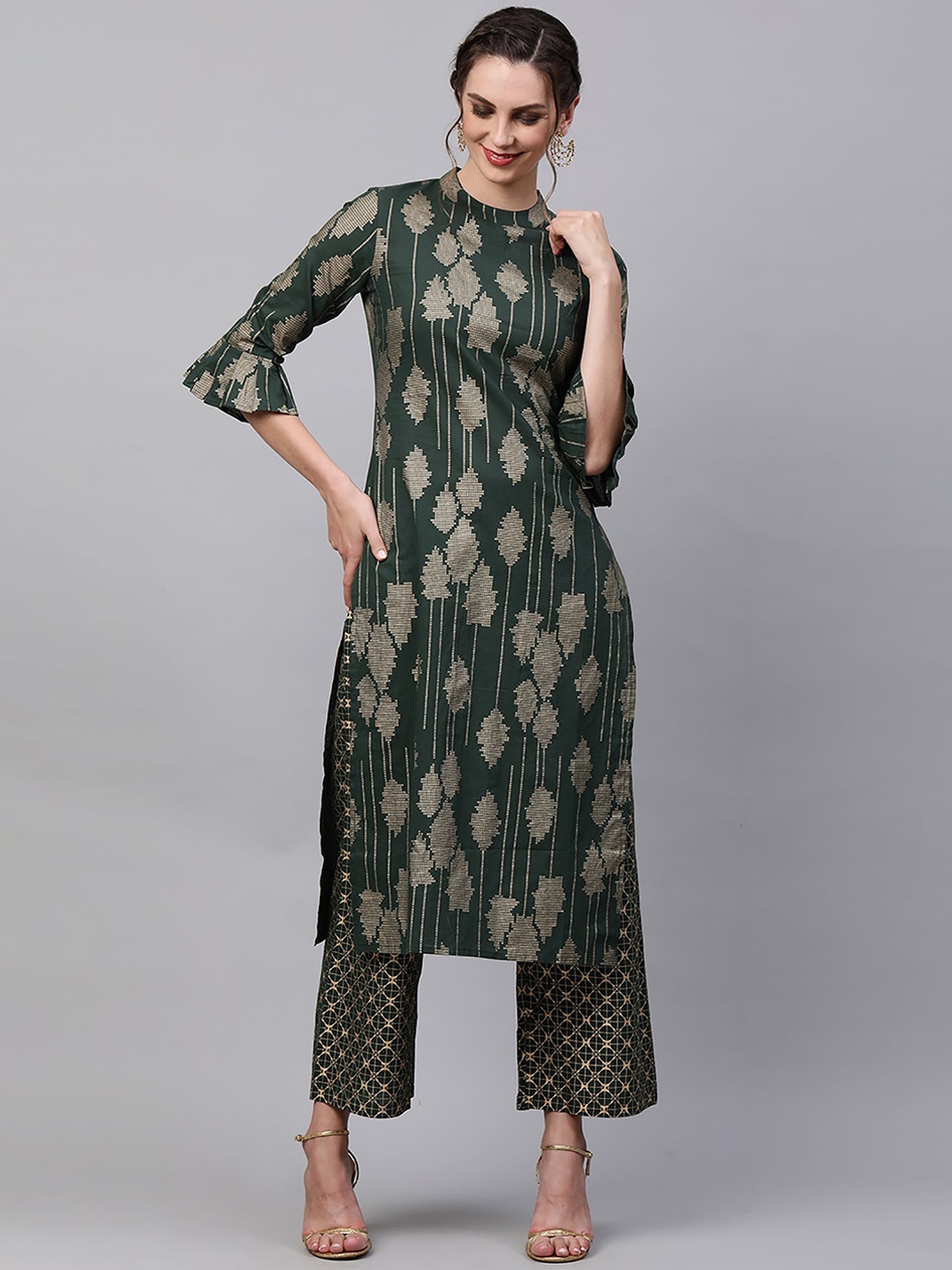 

Indo Era Women Green Printed Pure Cotton Kurta with Trousers
