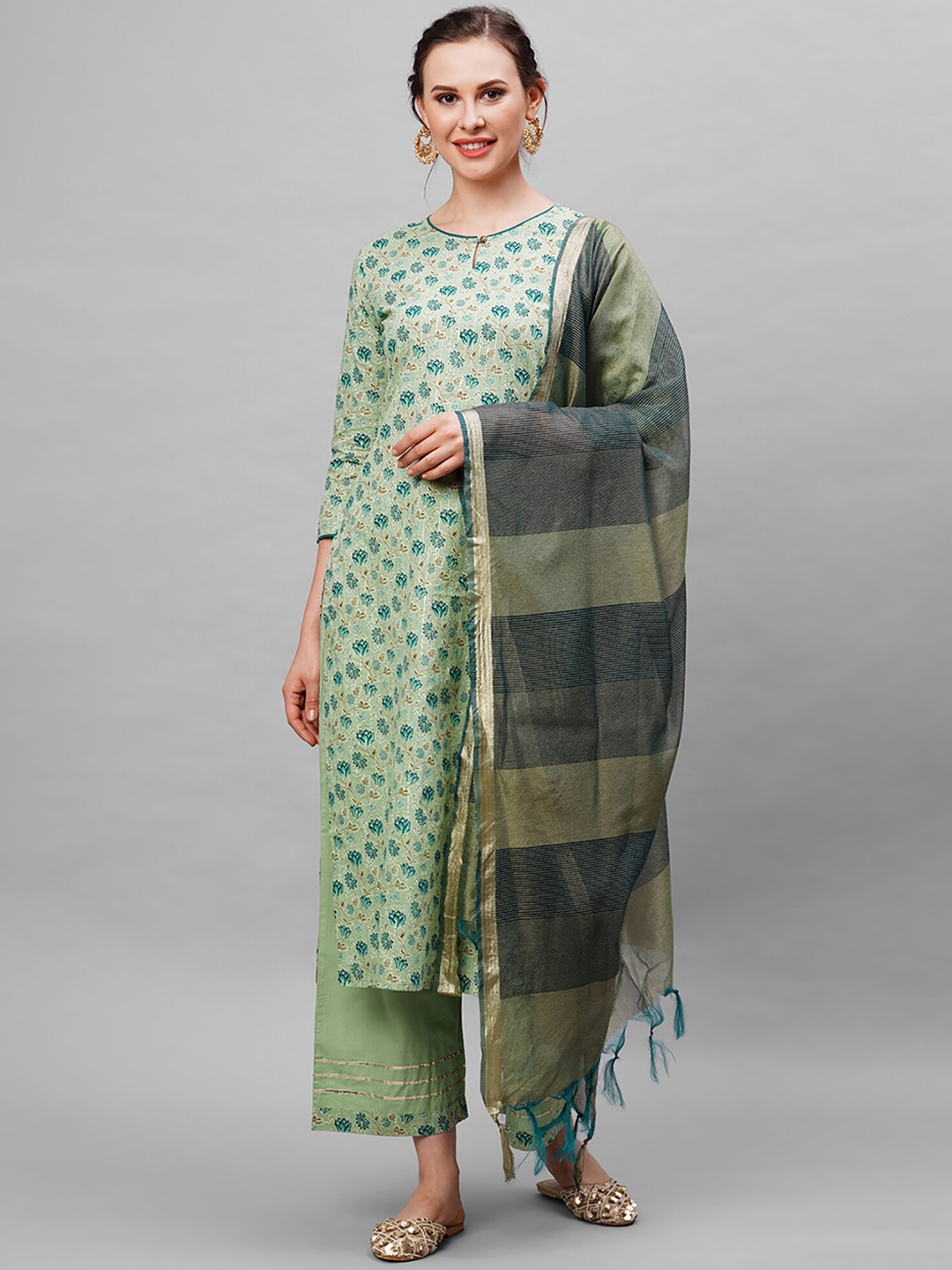 

Indo Era Women Sea Green Floral Printed Panelled Pure Cotton Kurta with Palazzos & With Dupatta