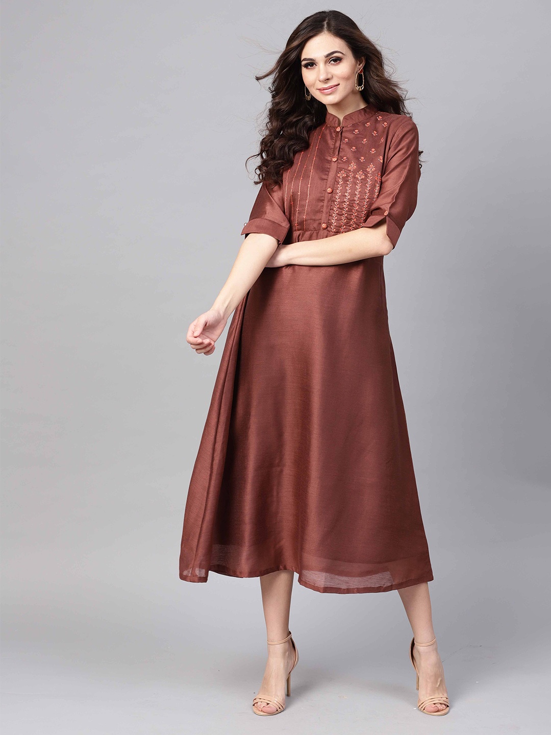 

Indo Era Brown Crepe Fit & Flare Midi Dress