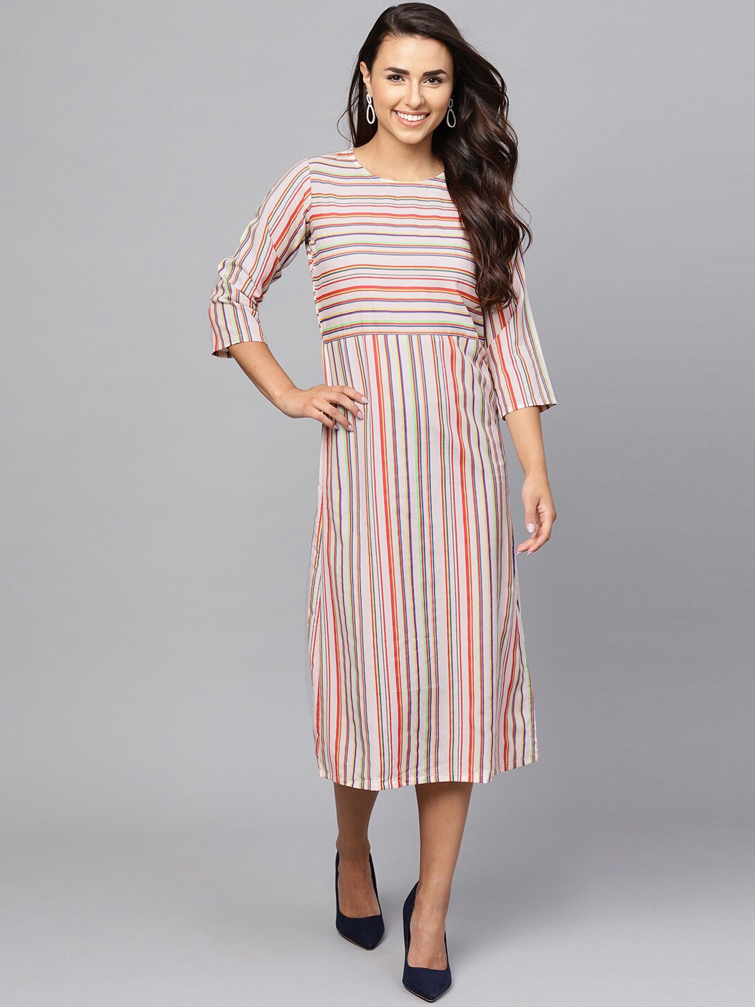 

Indo Era Multicoloured Striped A-Line Midi Dress, Multi