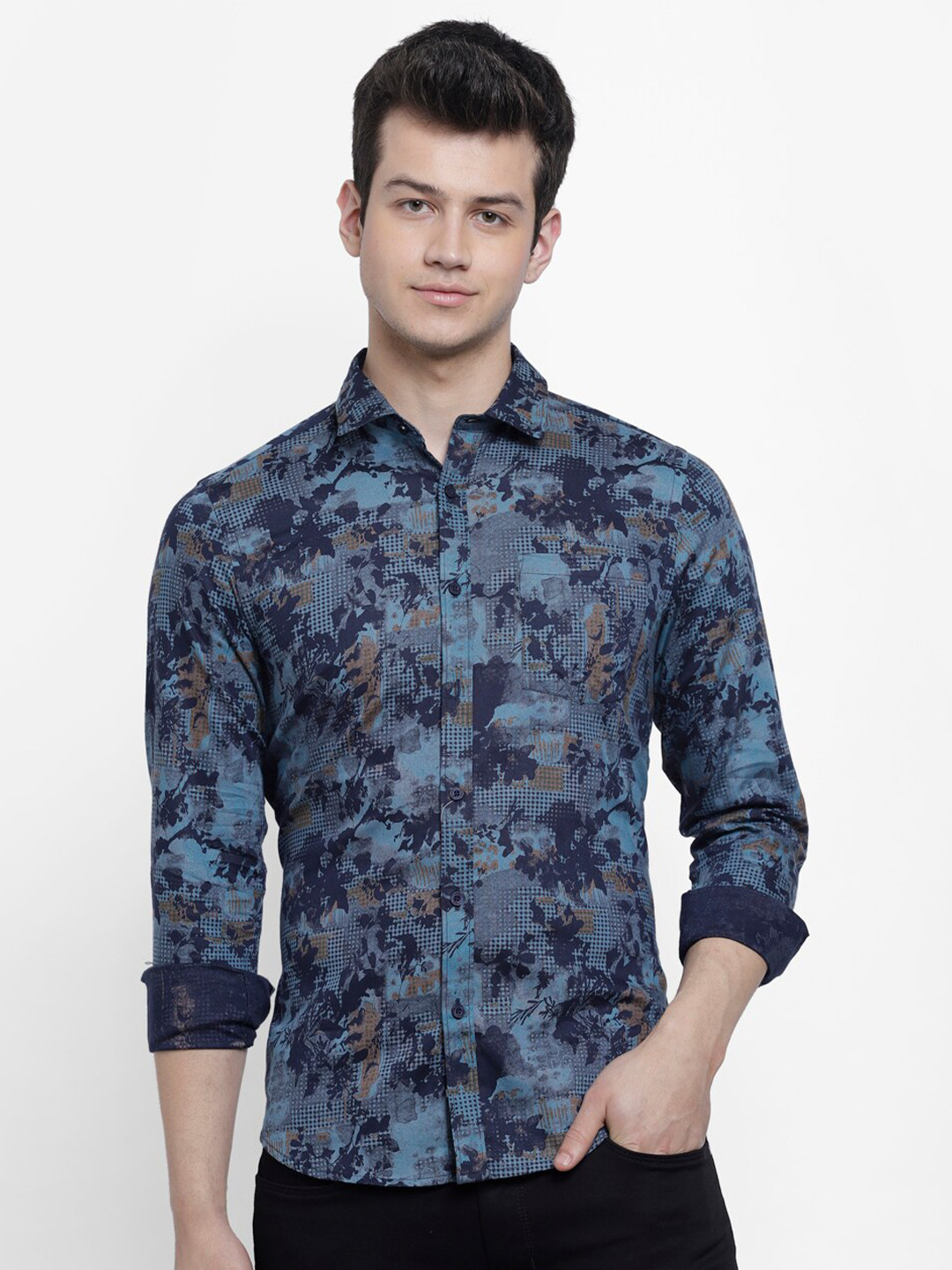 

cape canary Men Blue Smart Floral Printed Casual Shirt