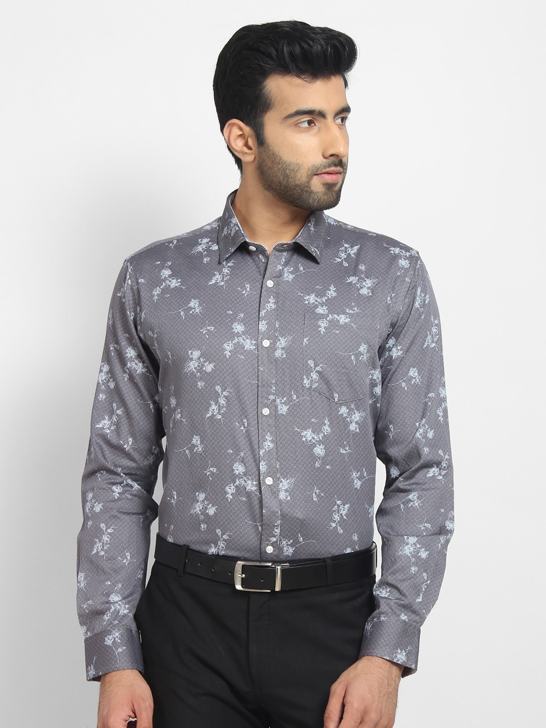 

cape canary Men Grey Smart Floral Printed Cotton Casual Shirt