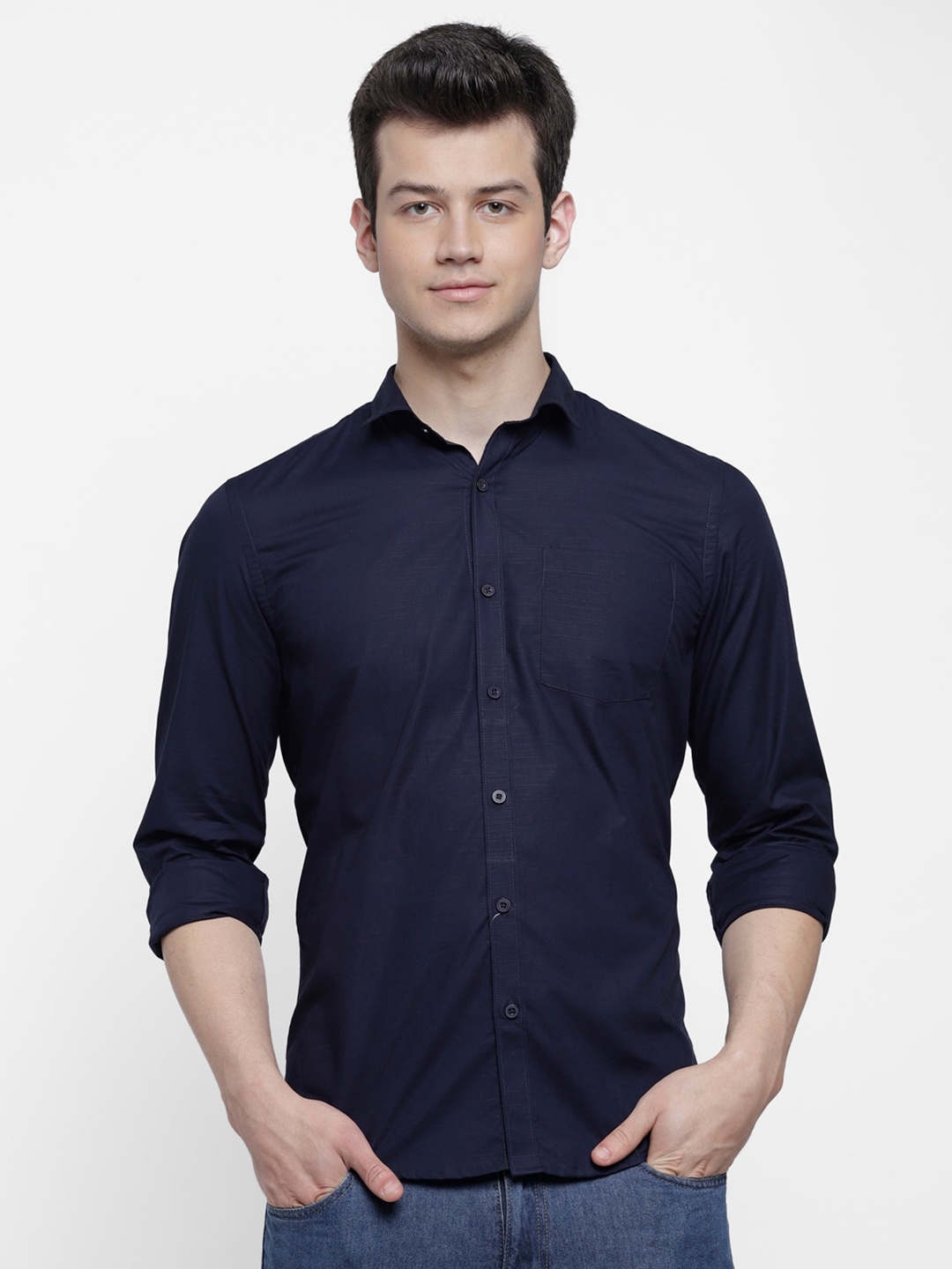 

cape canary Men Navy Blue Smart Slim Fit Casual Shirt