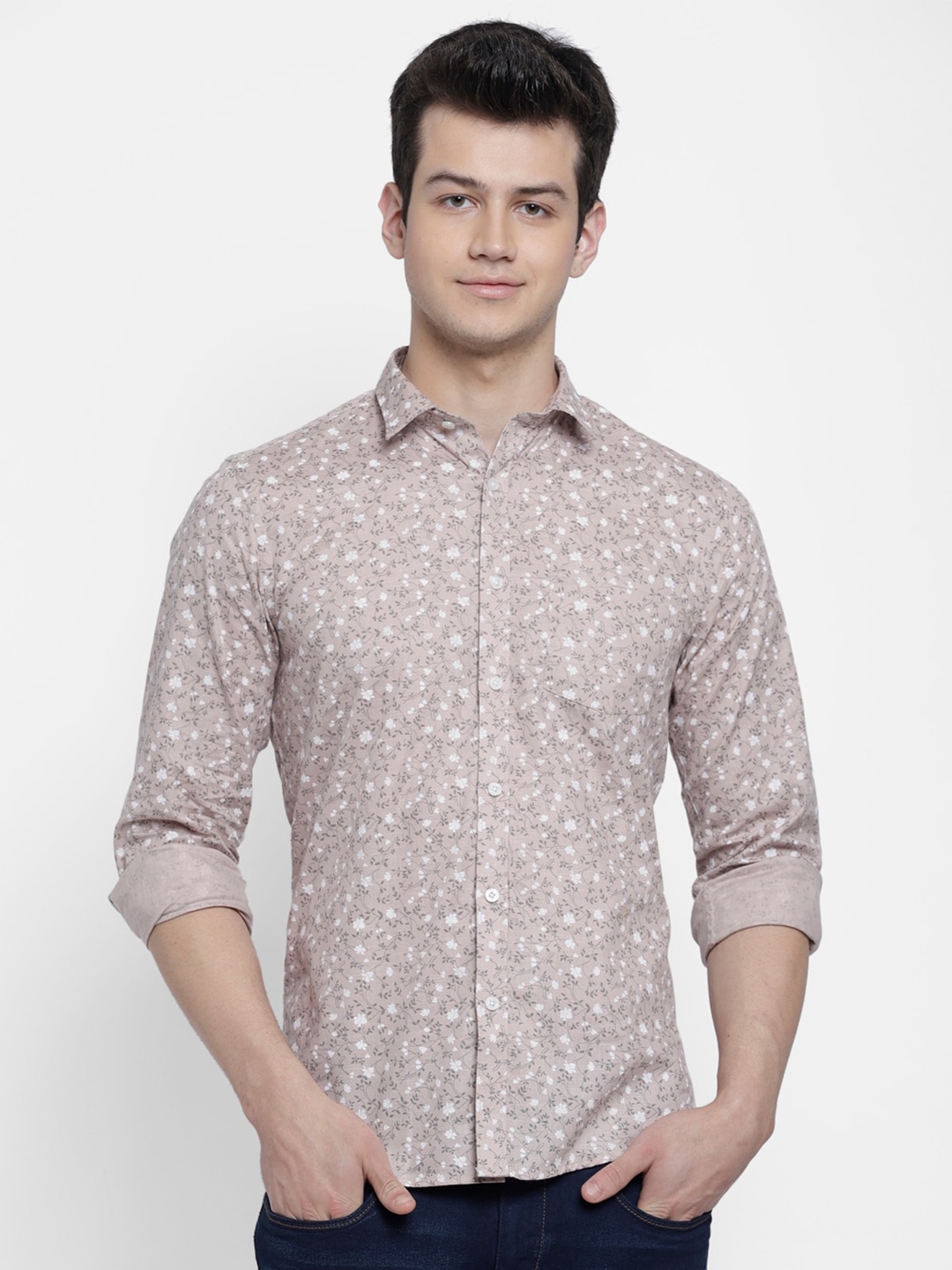 

cape canary Men Beige & White Smart Floral Printed Cotton Casual Shirt