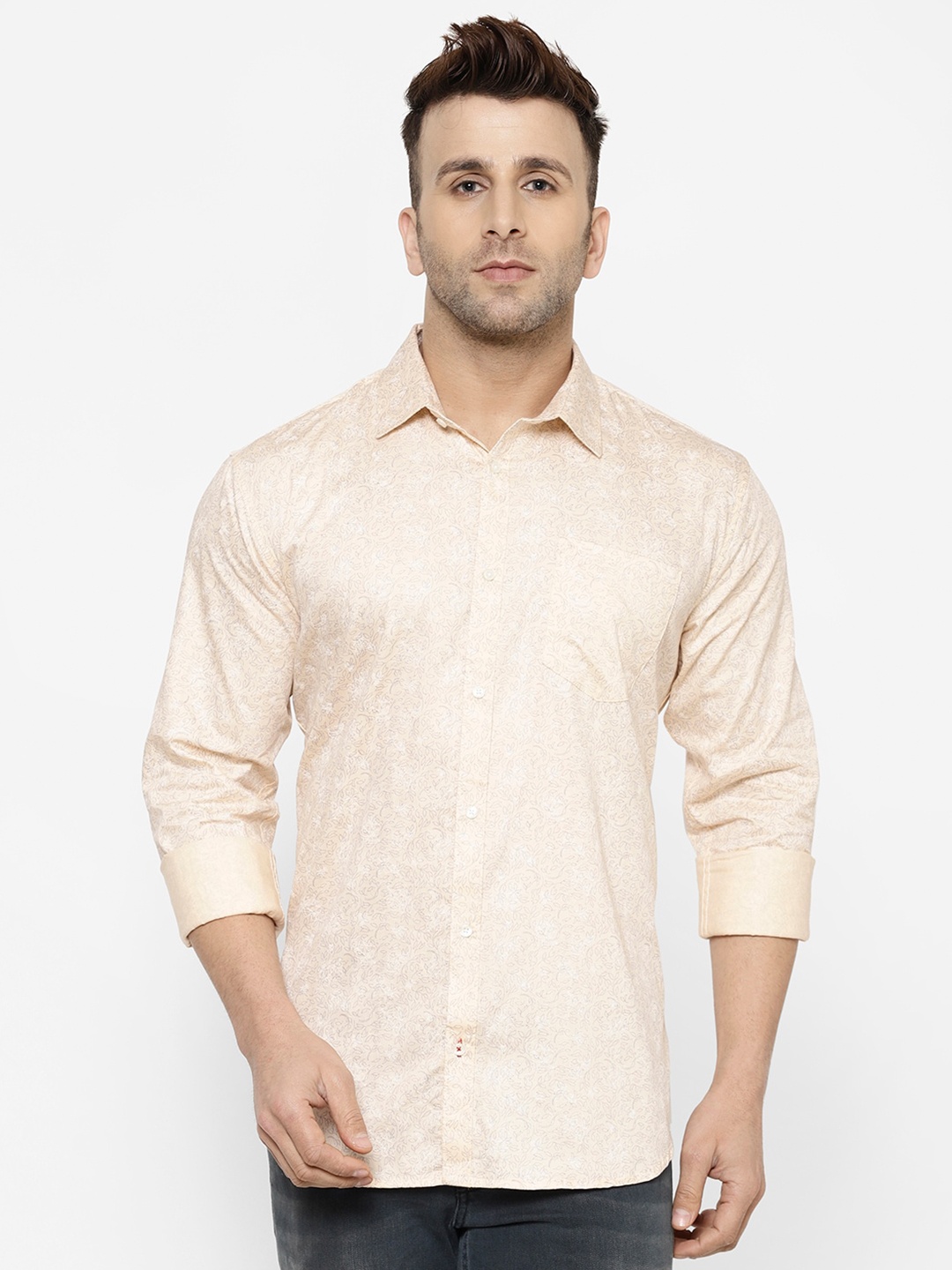 

cape canary Men Cream-Coloured Smart Printed Cotton Casual Shirt