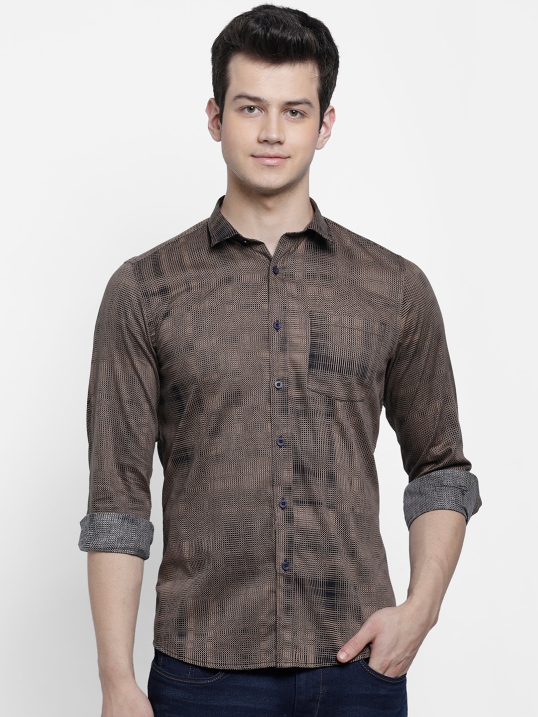 

cape canary Men Brown Smart Checked Cotton Casual Shirt