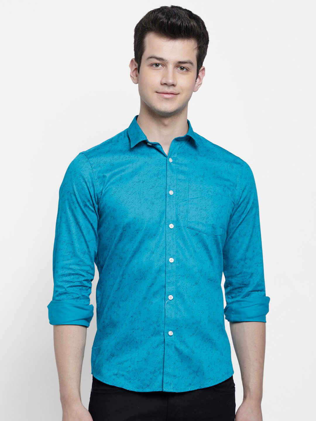 

cape canary Men Turquoise Blue Printed Smart Cotton Casual Shirt