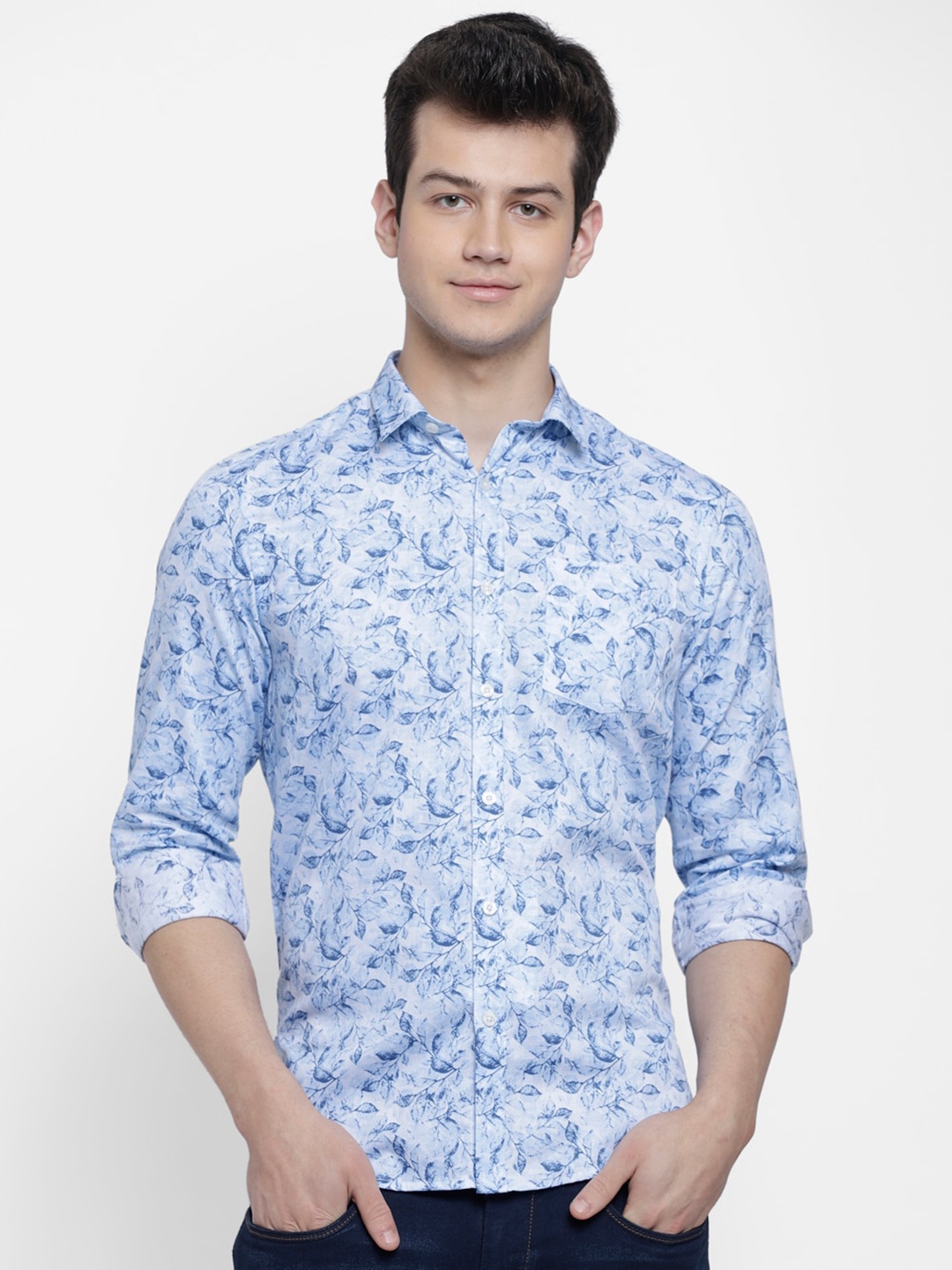 

cape canary Men Blue Smart Floral Printed Cotton Casual Shirt