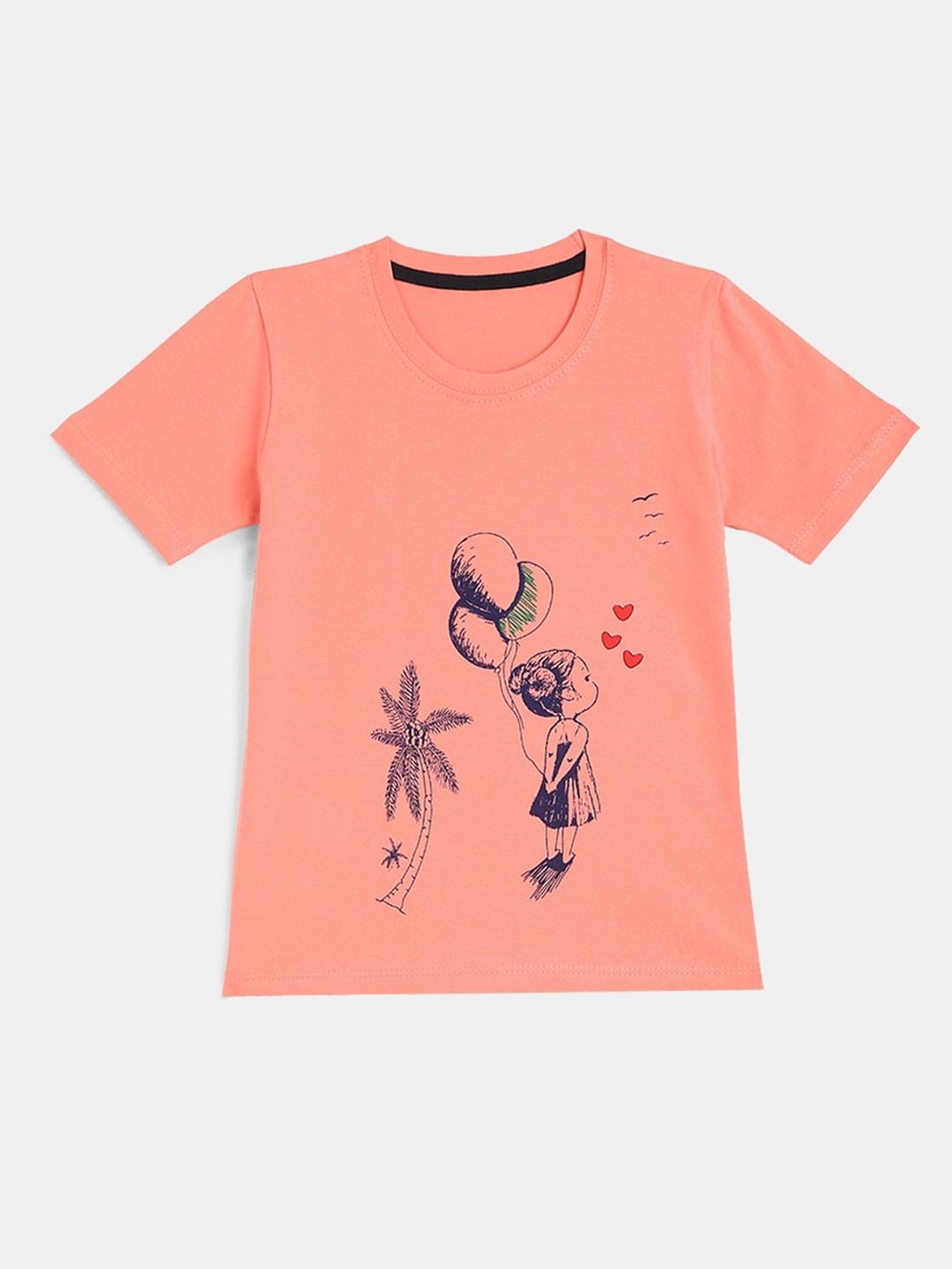 

YK Girls Peach-Coloured Girl With Balloon Printed Pure Cotton T-shirt