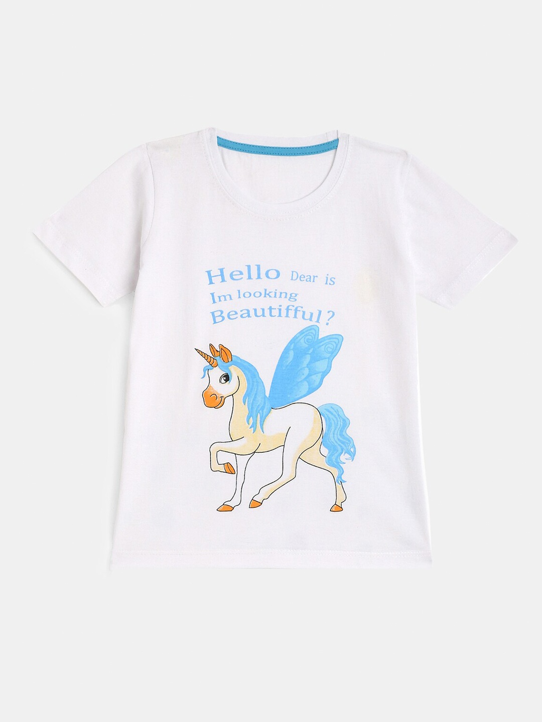 

YK Girls White & Blue Unicorn Printed Pure Cotton T-shirt