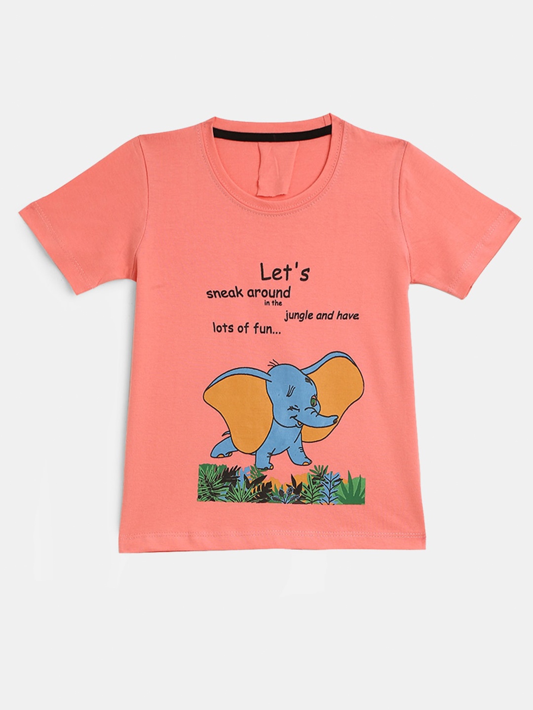 

YK Girls Peach-Coloured & Blue Typography Elephant Printed Pure Cotton T-shirt