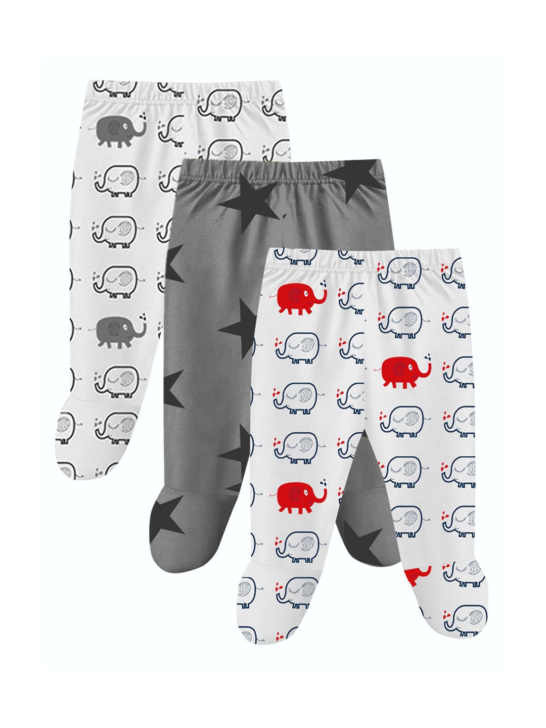 

A.T.U.N. Infant Kids Pack of 3 Printed Pure Cotton Leggings with Attached Booties, White