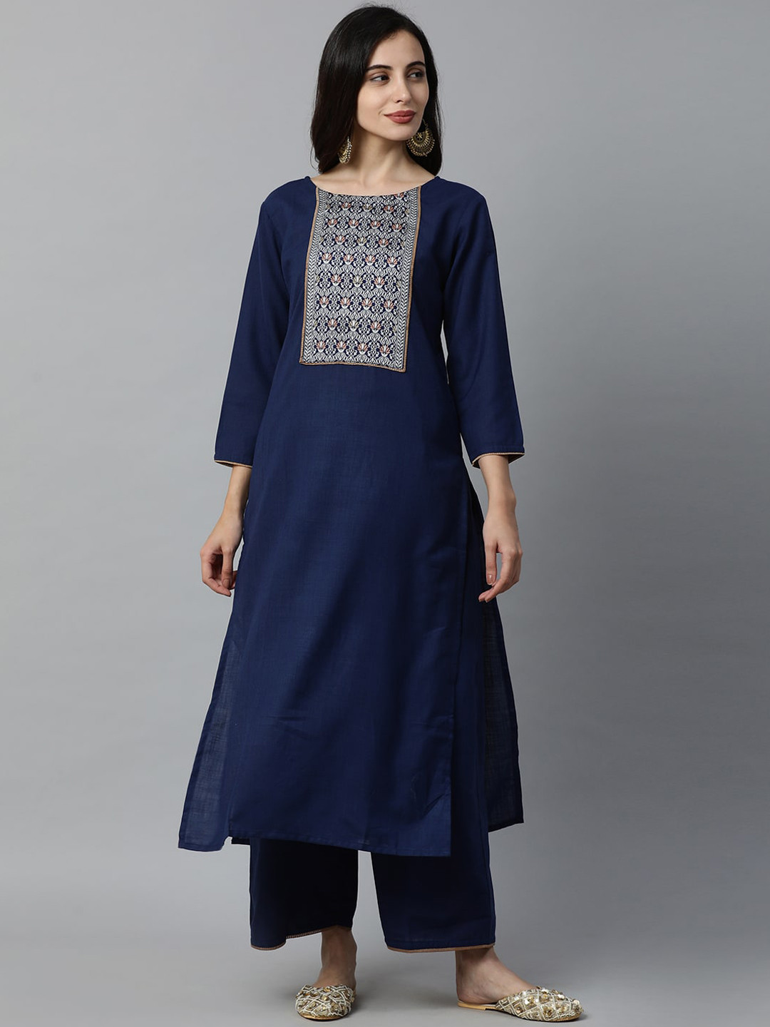 

Indo Era Women Navy Blue Floral Pure Cotton Kurta with Trousers