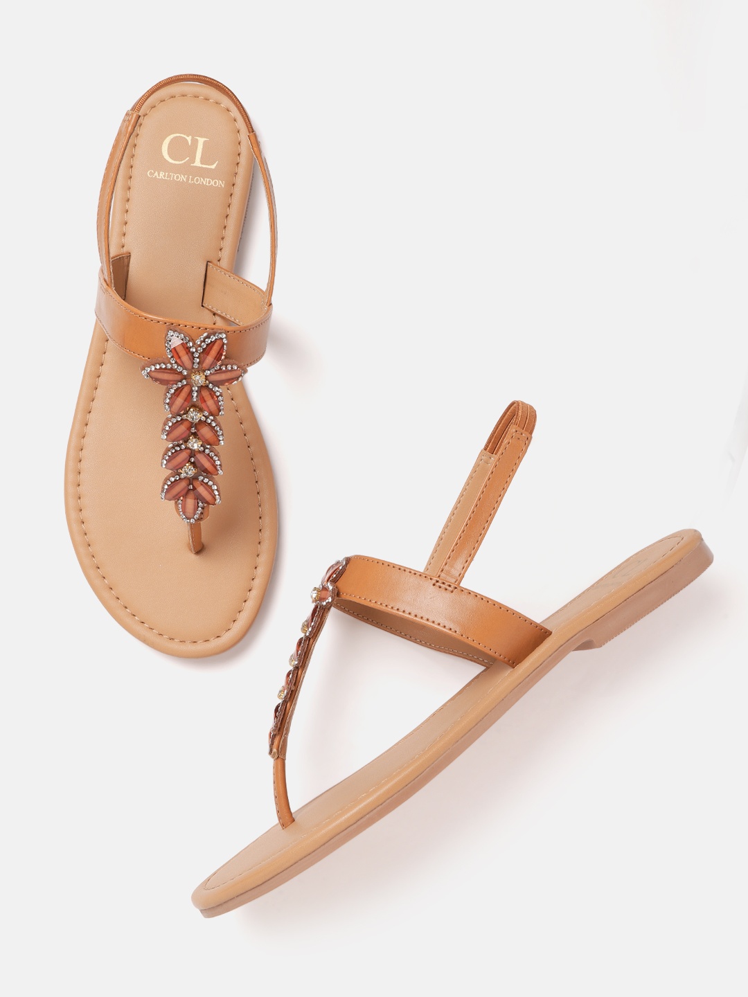 

Carlton London Women Tan Brown Floral Embellished T-Strap Flats