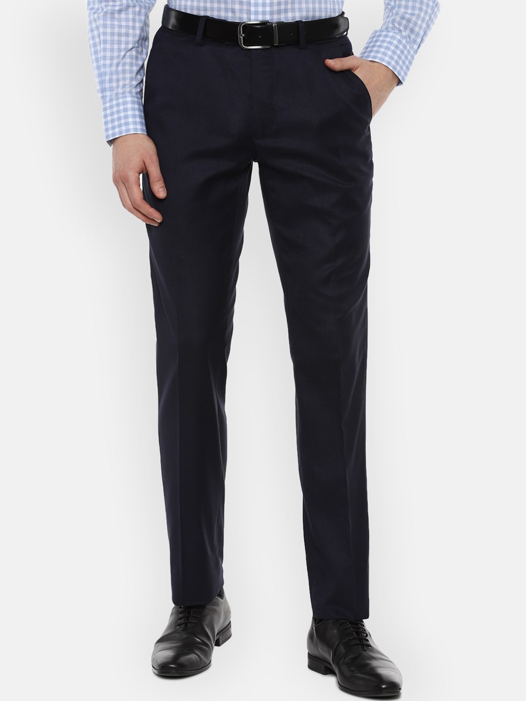 

Van Heusen Men Navy Blue Solid Slim Fit Formal Trousers